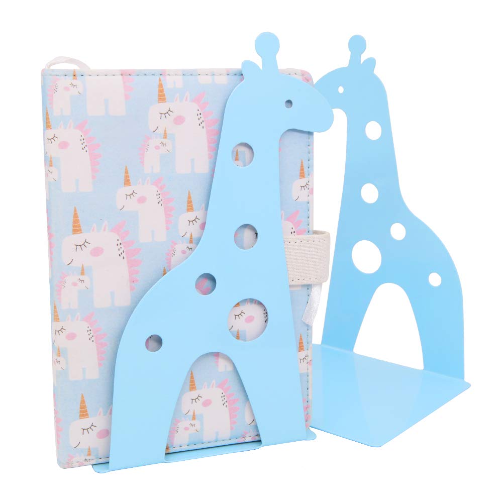 Cute Cartoon Giraffe Shape Nonskid Metal Bookends for Kids Gift Decoration (Light Blue)
