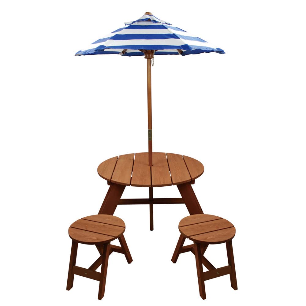 Home Wear Durable Wood Round Table 2 Chairs and Umbrella Set for Kids Outdoor & Indoor Use Blue-and-White Striped Umbrella Easy Assembly Ideal for Ages 3+