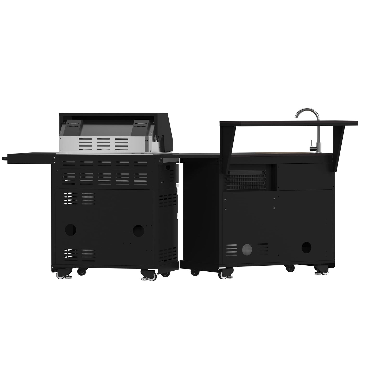 Forno All’Aperto 62,600 BTU Outdoor BBQ Grill Station w/ 3 Stainless Steel Burners, Infrared Burners, Sink Module, Black Sintered Stone Countertops, Rotisserie Kit, Bar & Beverage Center - Black