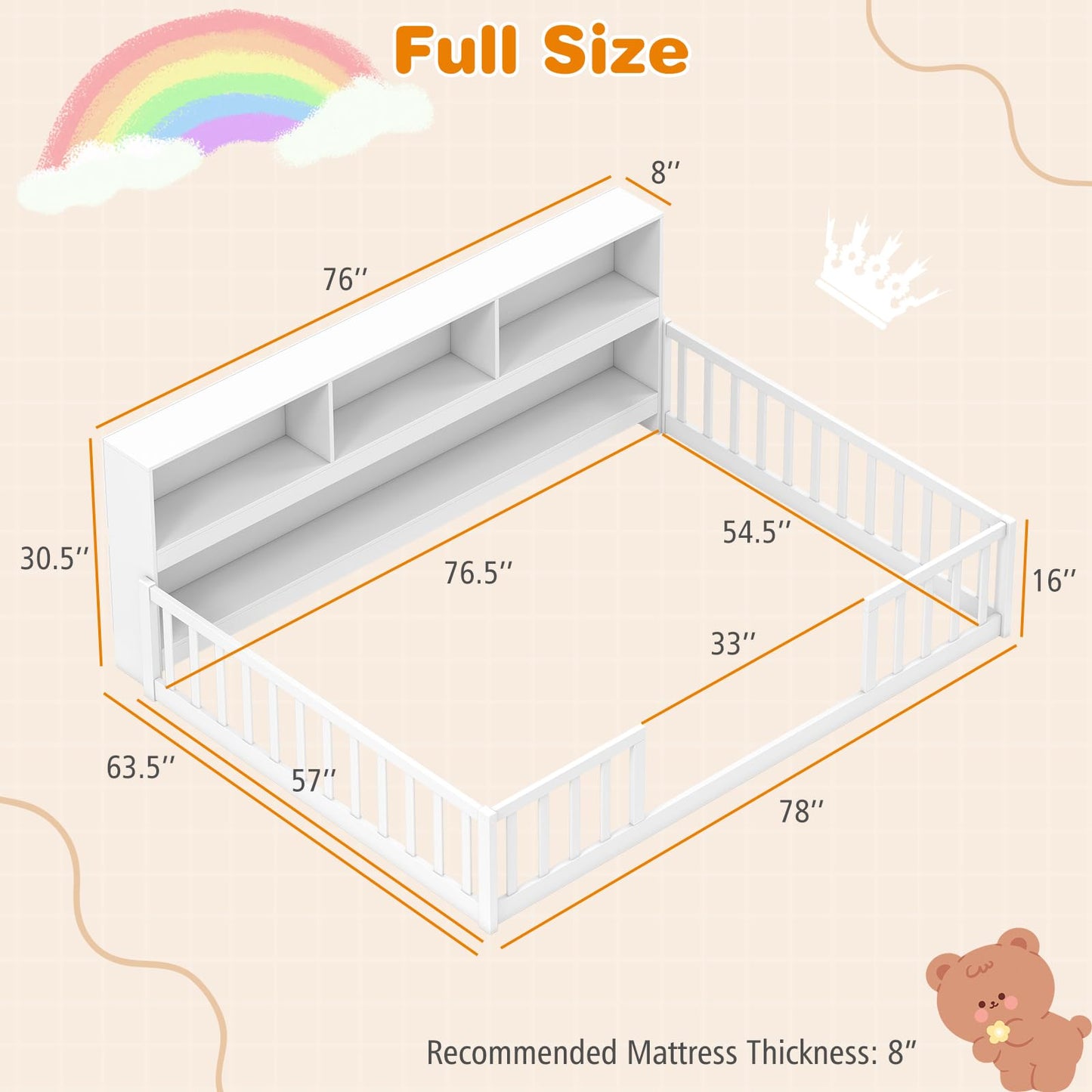Giantex Full Size Floor Bed for Kids, Wooden Montessori Bed Frame with Bookcase, Storage Shelves & Safety Fence Rails, Floor Beds Full for Girls, Boys, No Box Spring Needed, Without Slats, White