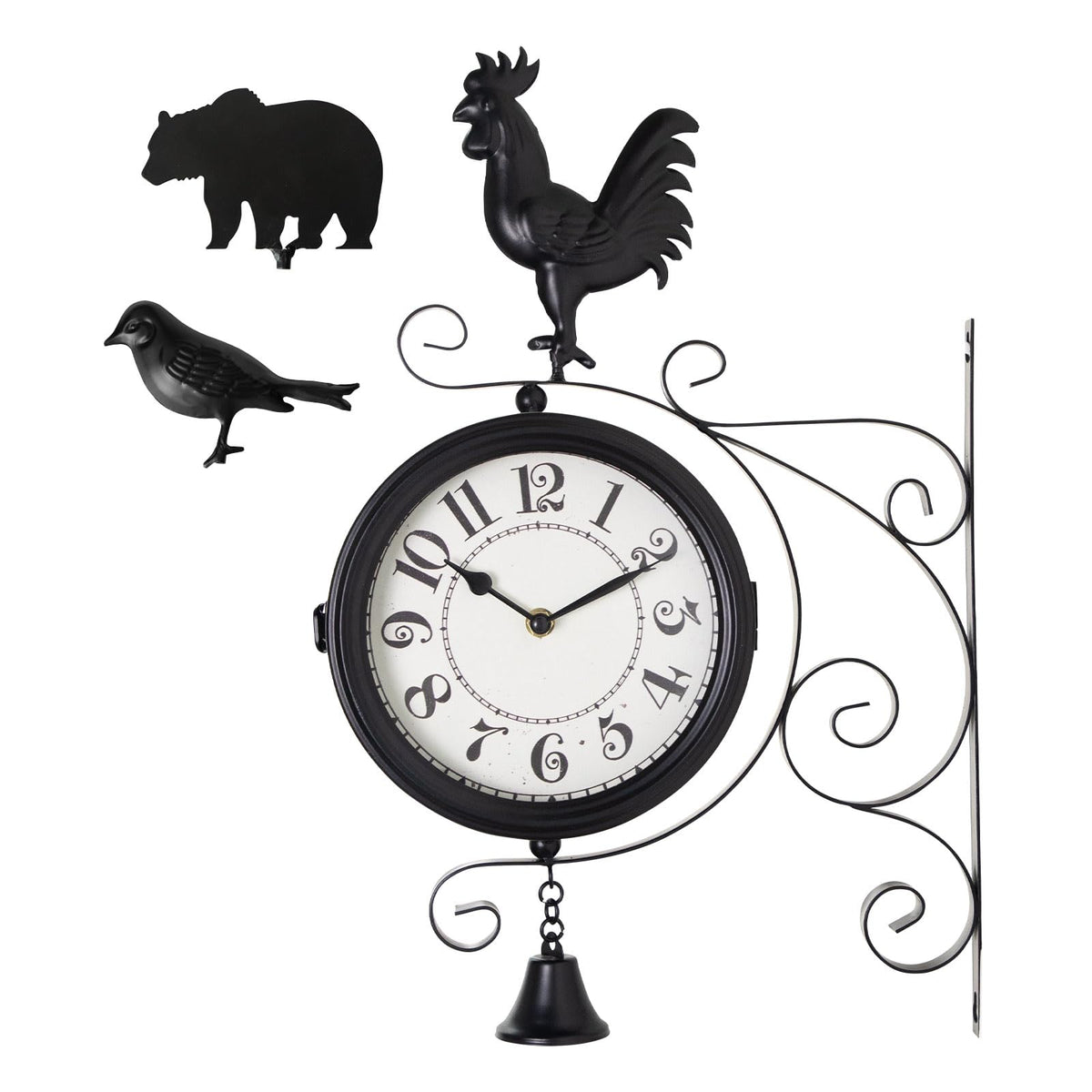 MACVAD Double-Sided Outdoor Wall Clock with Interchangeable Rooster, Bird & Bear Topper, 360° Rotating Iron Hanging Clock, Silent Non-Ticking Quartz Movement, Rustic Farmhouse Porch Garden Decor