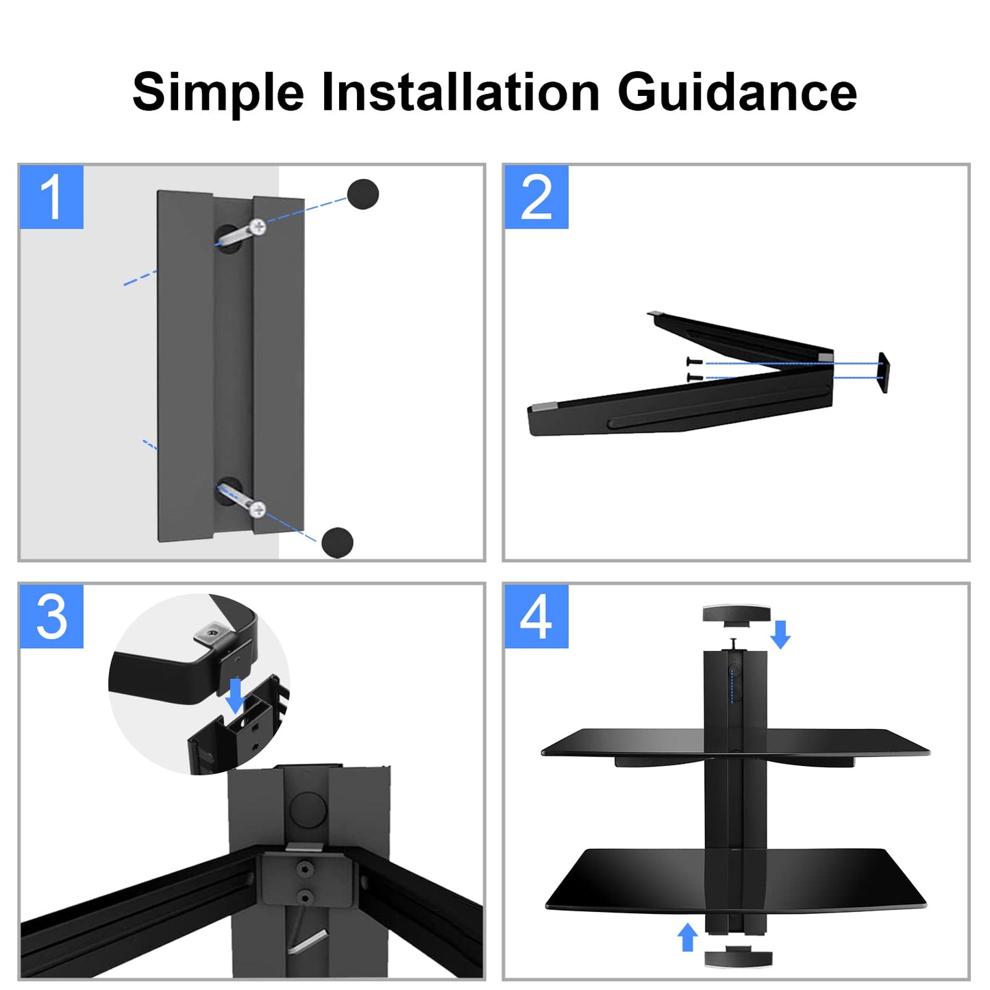 Suptek Glass Floating Shelves, TV Wall Mount with Shelf for DVD Player / PS4 / Cable Boxes/Game Consoles/Sky Box/TV Accessories, Flat Black 2-Tier Wall Mount Bracket