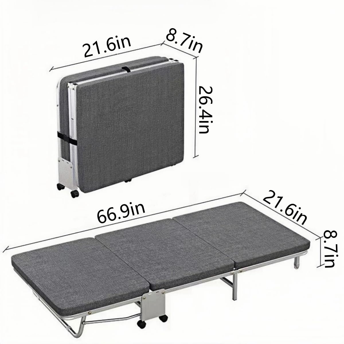 HAQNIWA Portable Folding Bed, Metal Frame, with Wheels for Easy Storage, for Offices, Lounges and Bedrooms