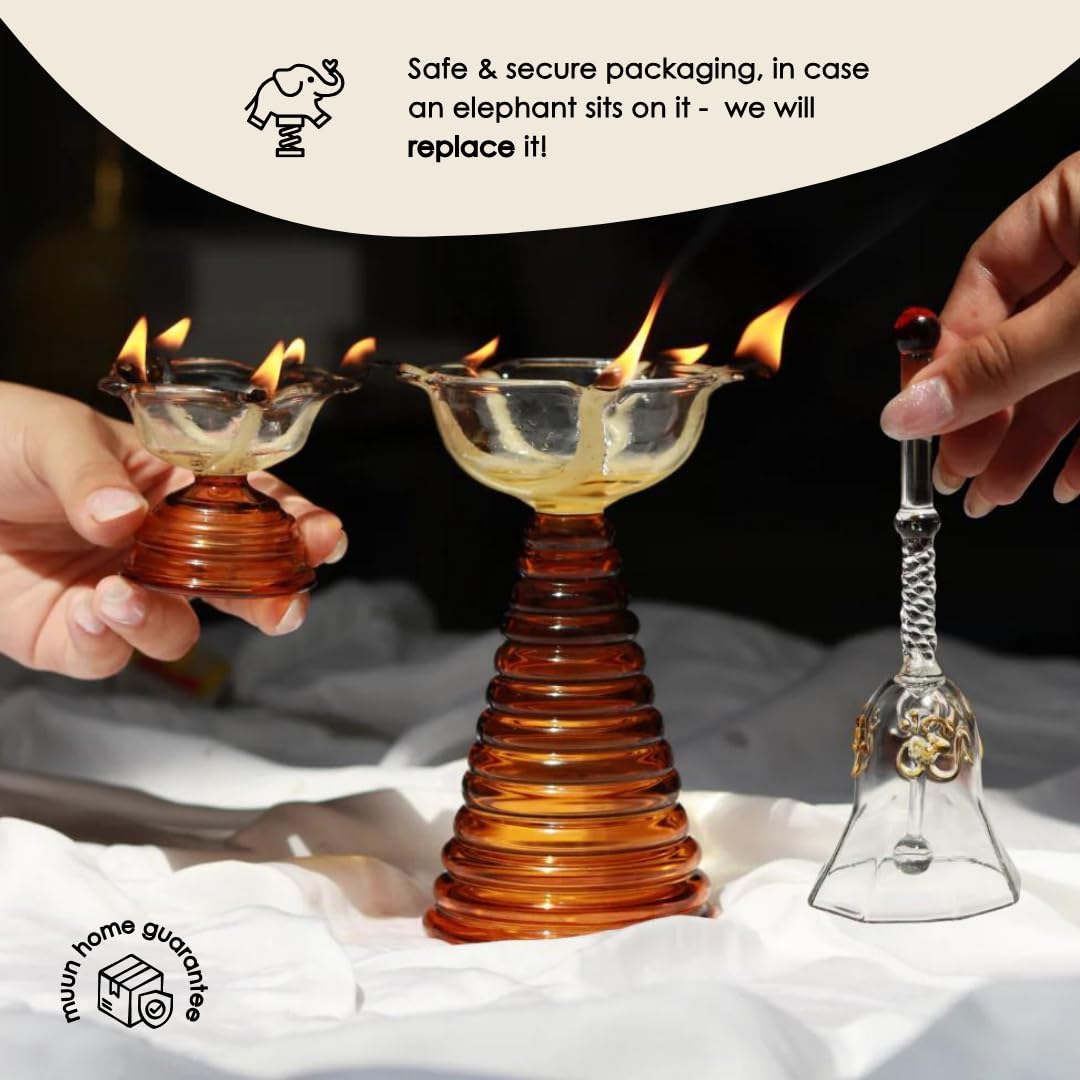 Glass Ringing Bell for Pooja & Mandir | Decorative Temple Bell for Home Decor, Housewarming, Wedding & Festive Gift (Amber)