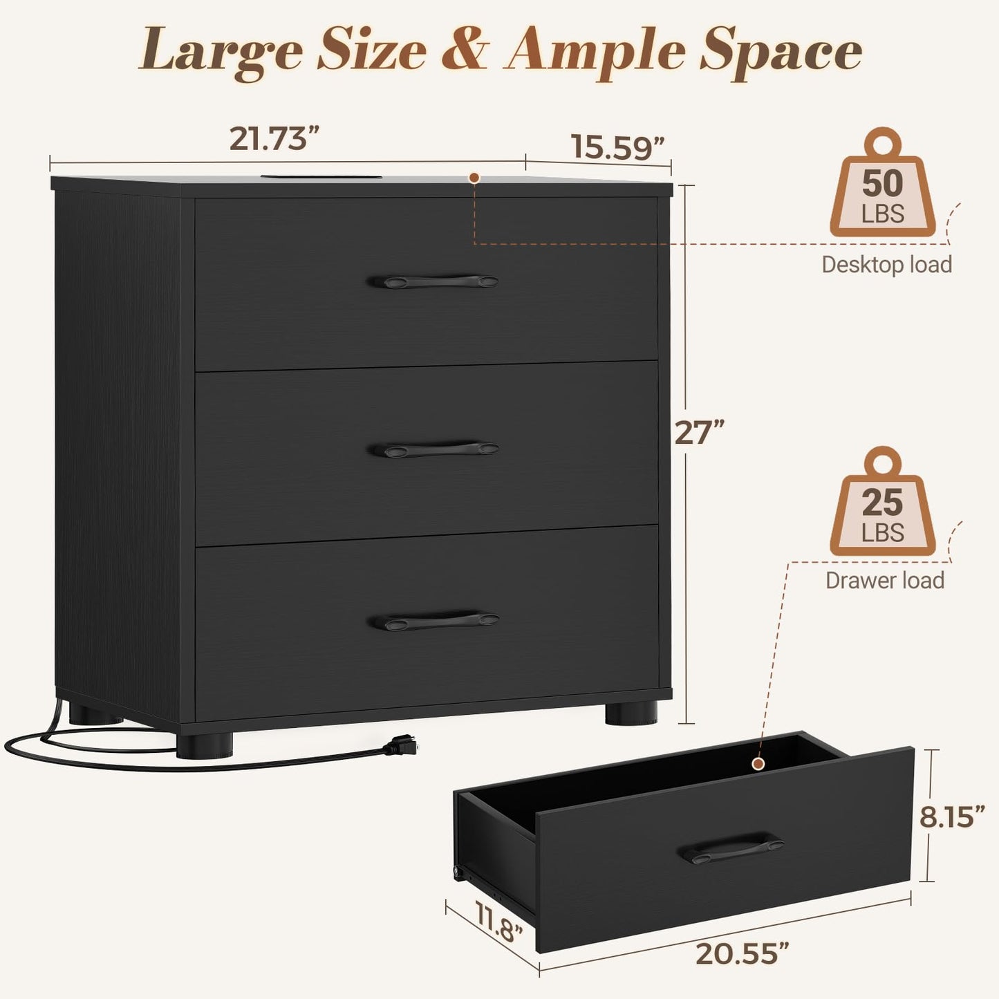 Aheaplus Night Stand with Charger Station, 21.7'' Nightstands with Wooden 3 Drawers, Large Bedside Table, Modern End Table, for Bedroom, Black