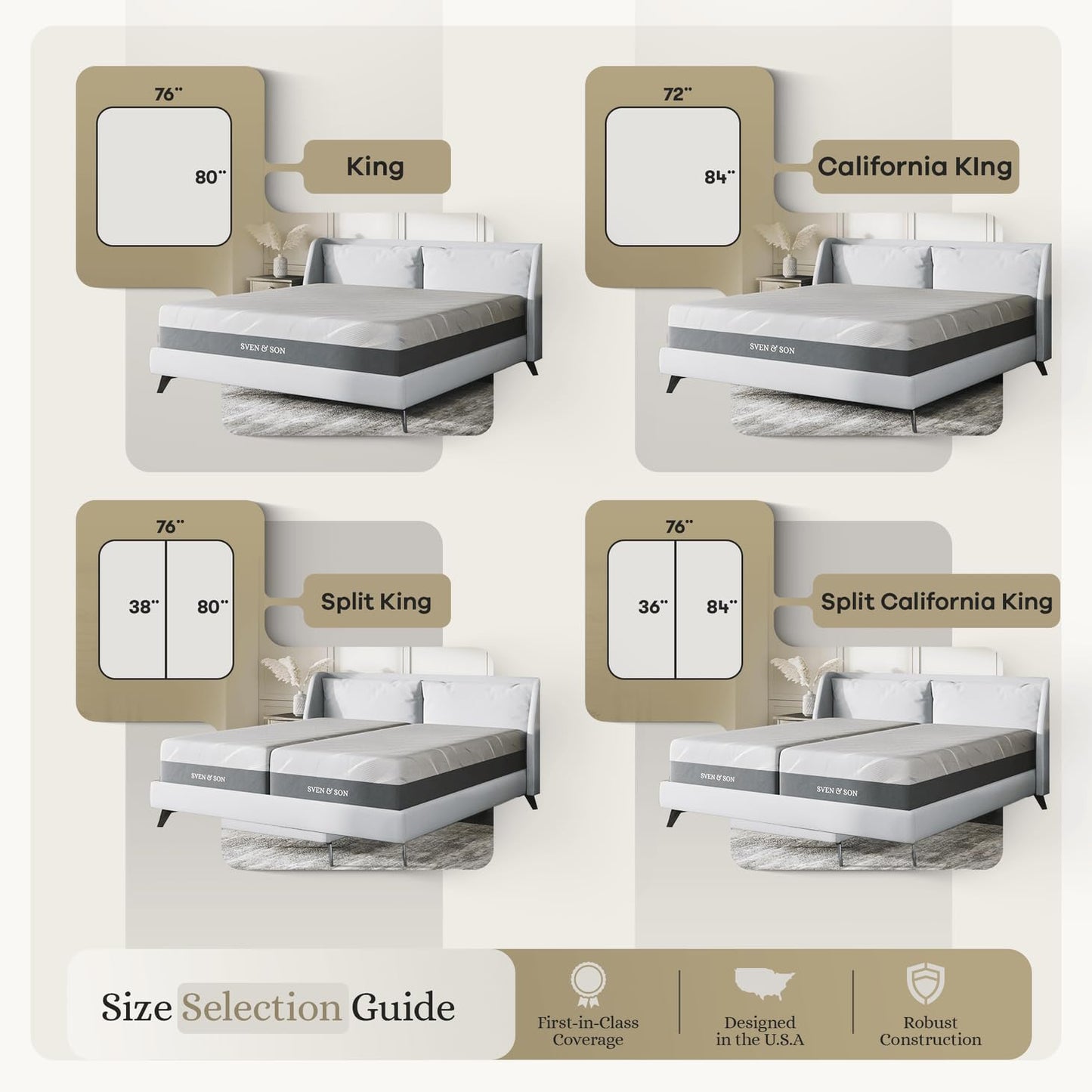 Sven & Son Hybrid Spring Mattress, CertiPUR-US Certified Foam, Fiberglass-Free, Made in the USA, 14 inch Medium Soft - Split California King