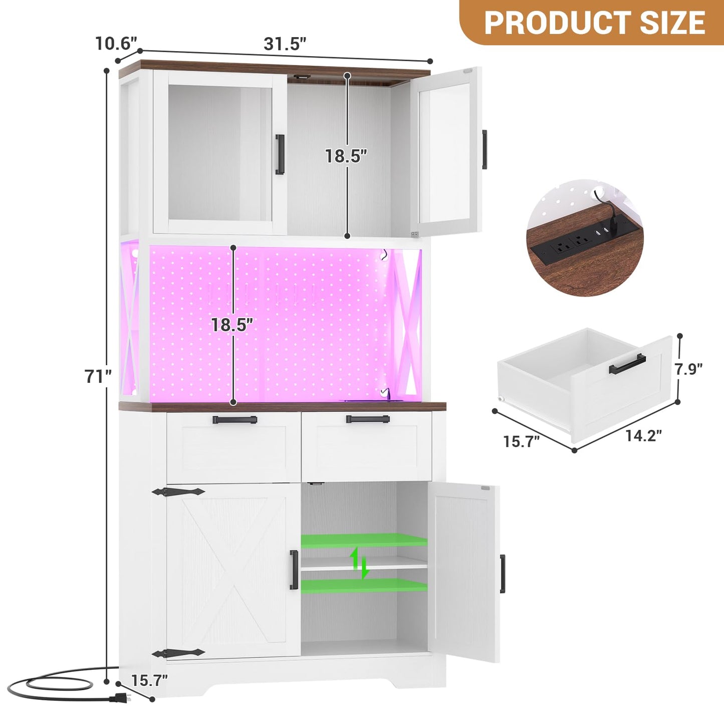Unikito 71" Pantry Cabinet with LED Light & Outlet, Tall Kitchen Pantry Storage Cabinet with Microwave Stand, DIY Pegboard, Drawers and Adjustable Shelf, Farmhouse Kitchen Hutch for Dining Room
