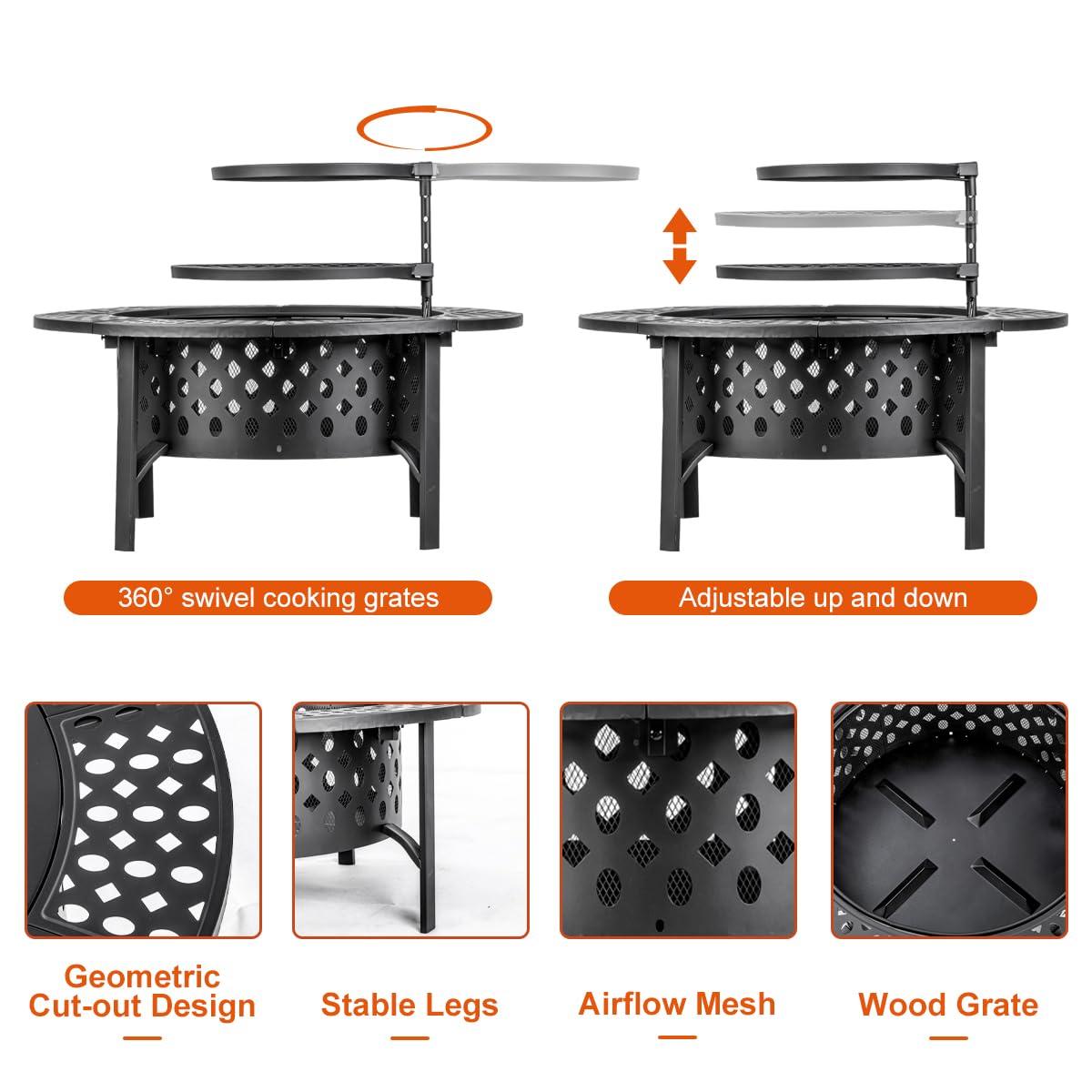 OutVue 36 Inch Fire Pit with 2 Grills,Wood Burning Fire Pits for Outside