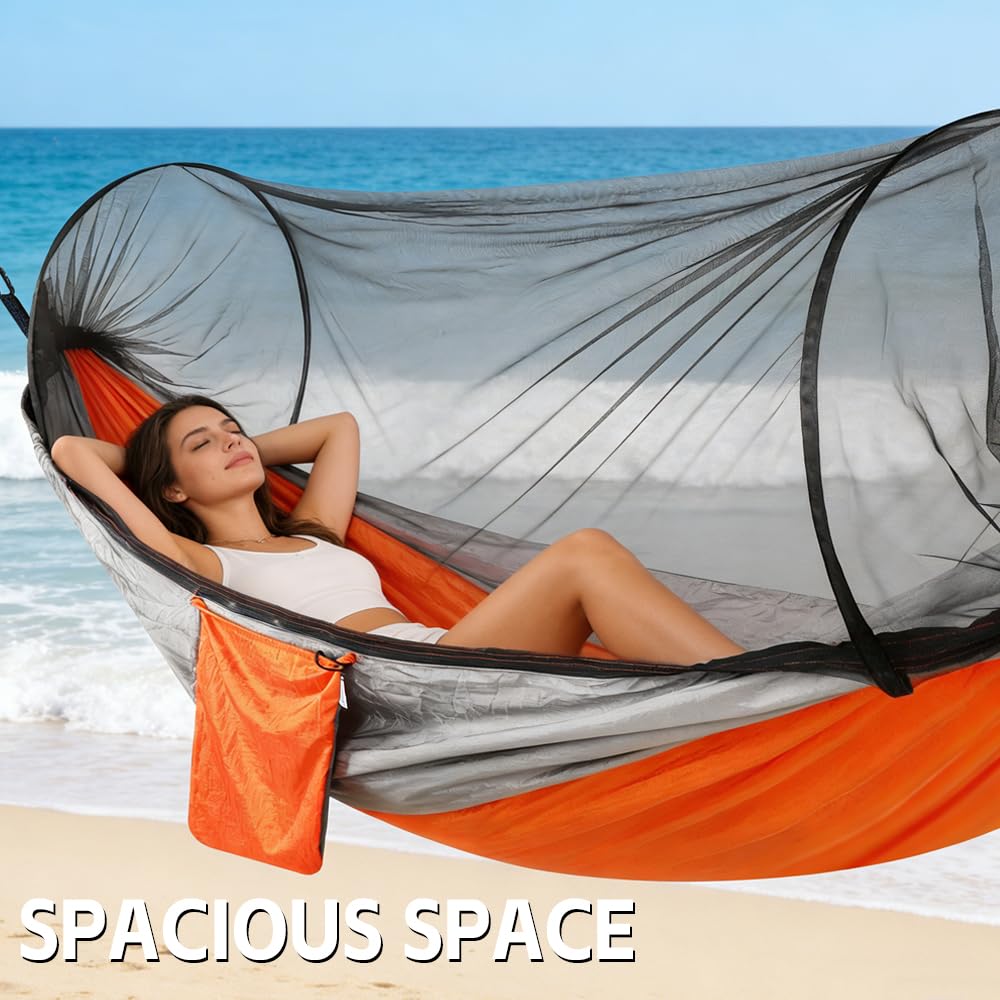 Camping Hammock with Mosquito Net - Double & Single Portable Hammocks with 2 Tree Straps, Lightweight Hammock Tent for Outdoor Camping, Hiking, Backpacking, Beach & Backyard (Orange)