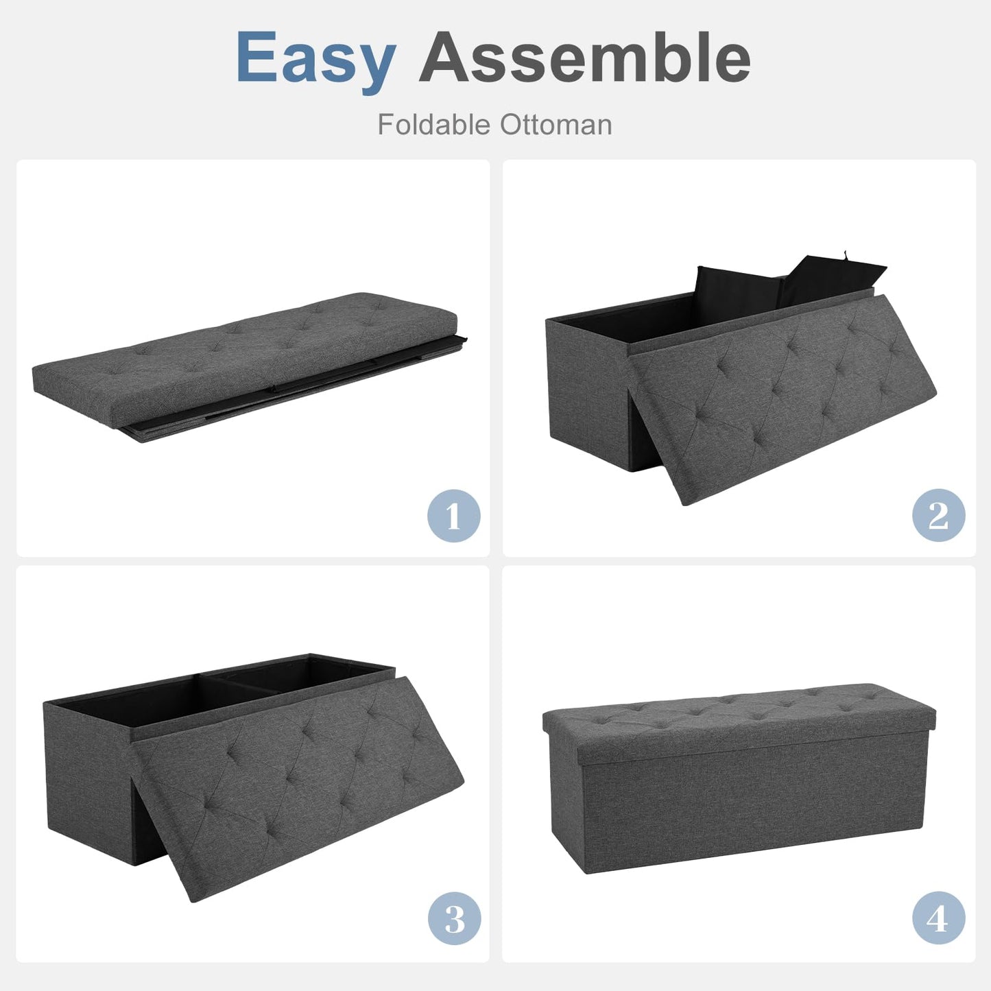 DUMOS 43 Inch Folding Storage Ottoman Bench, Large Hidden Storage Chest with Thicker Foam Padded Seat, End of Bed Foot Rest Stool for Bedroom Living Room Entryway, Load 660 lbs, Grey