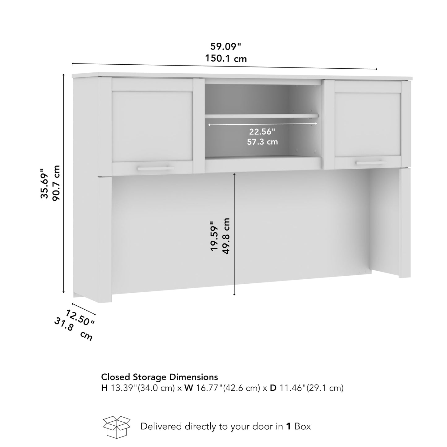Bush Home 60-Inch Desk Hutch, Office Storage Organizer with Shelves, Cubbies and Frosted Glass Doors for Computer Desk, Home Office Furniture, Somerset Collection, White