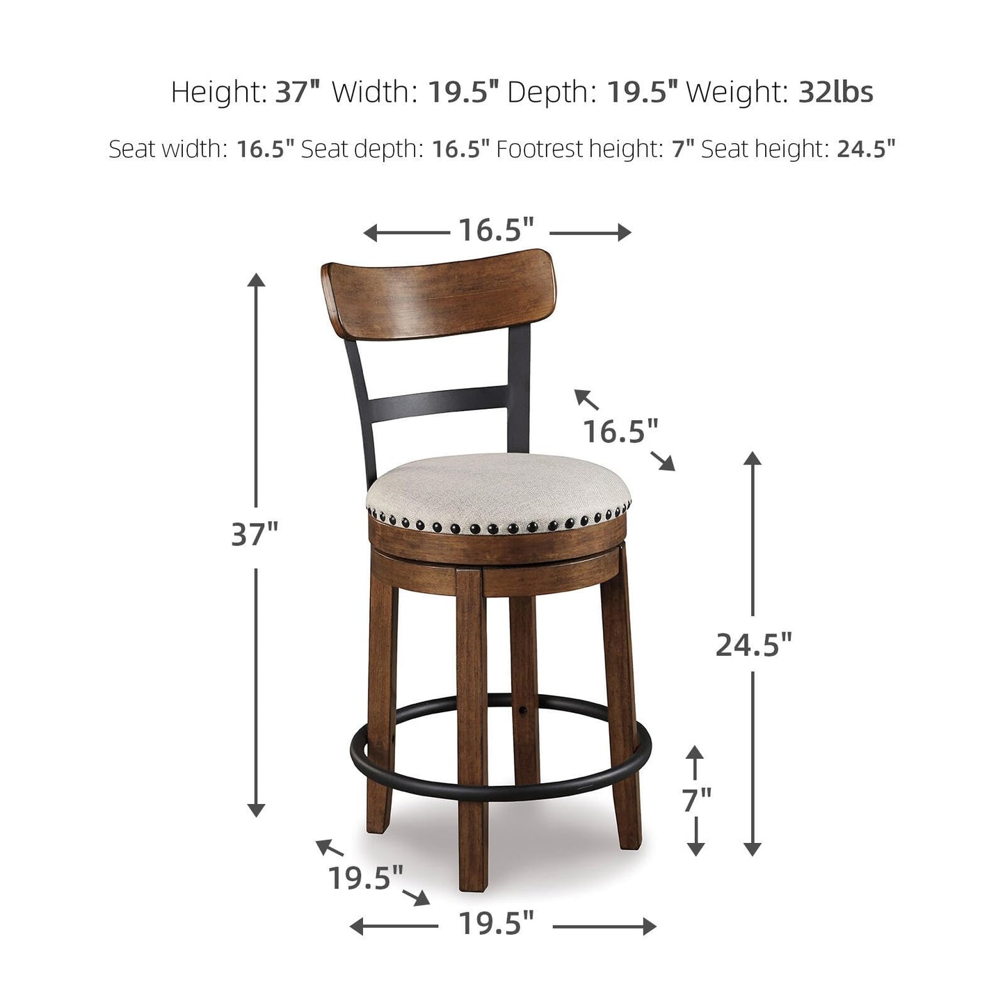 Signature Design by Ashley Valebeck Swivel Barstool With Back, Rustic-Industrial Wood and Metal, 360-Degree Swivel Counter Height Stool for Kitchen Island Seating, Linen Color