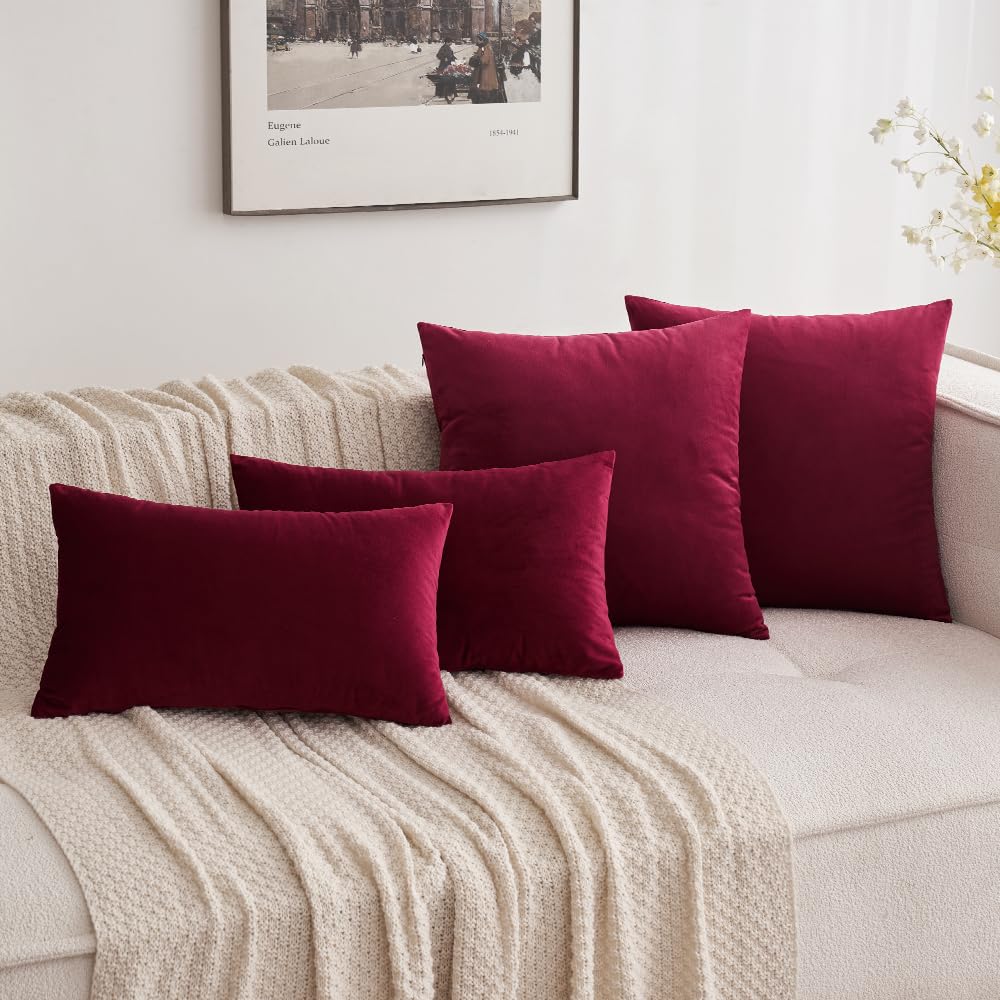 MIULEE Velvet ChristmasThrow Pillow Covers 18x18 Inch Pack of 2 Wine Red