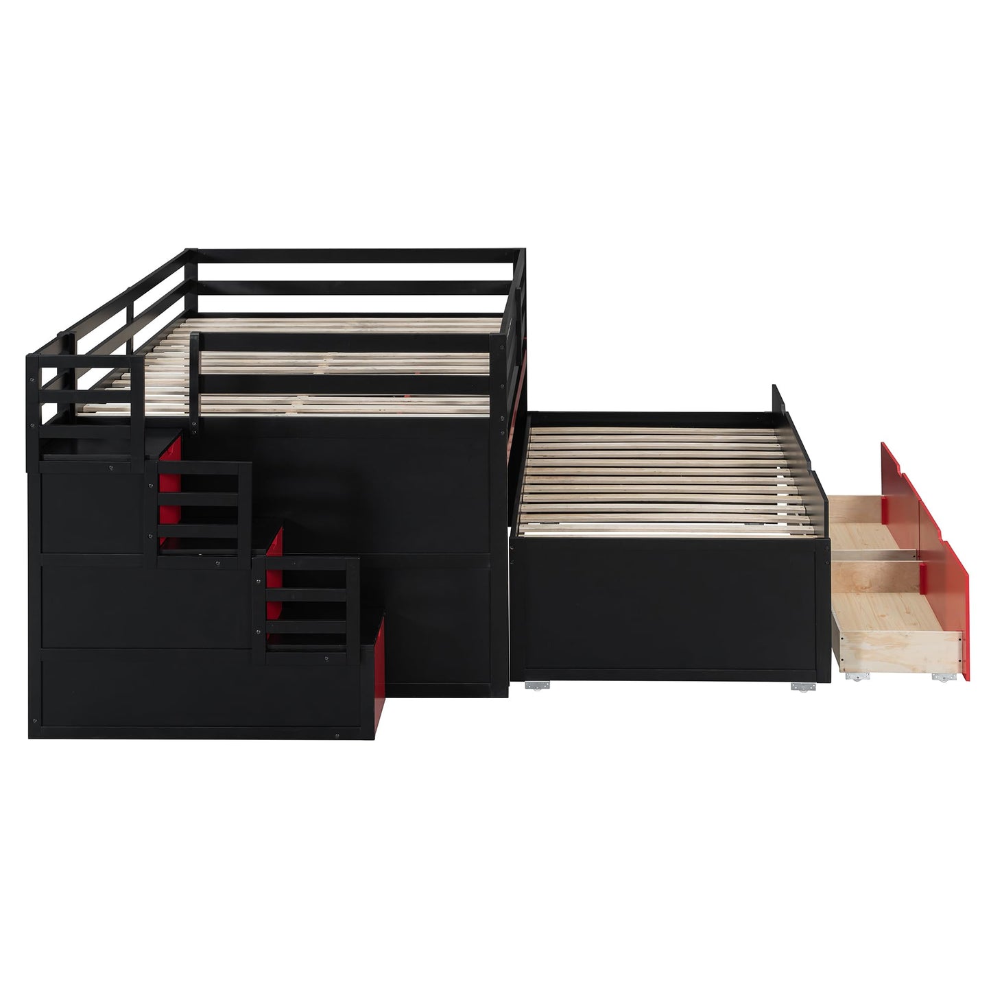 Virubi Full XL Loft Bed with Pull-Out Desk and Twin Trundle, Multi-Functional Bunk Bed with Storage Steps & 2 Drawers, Space-Saving Gaming & Workstation Bedframe (Black+Red, Full XL)