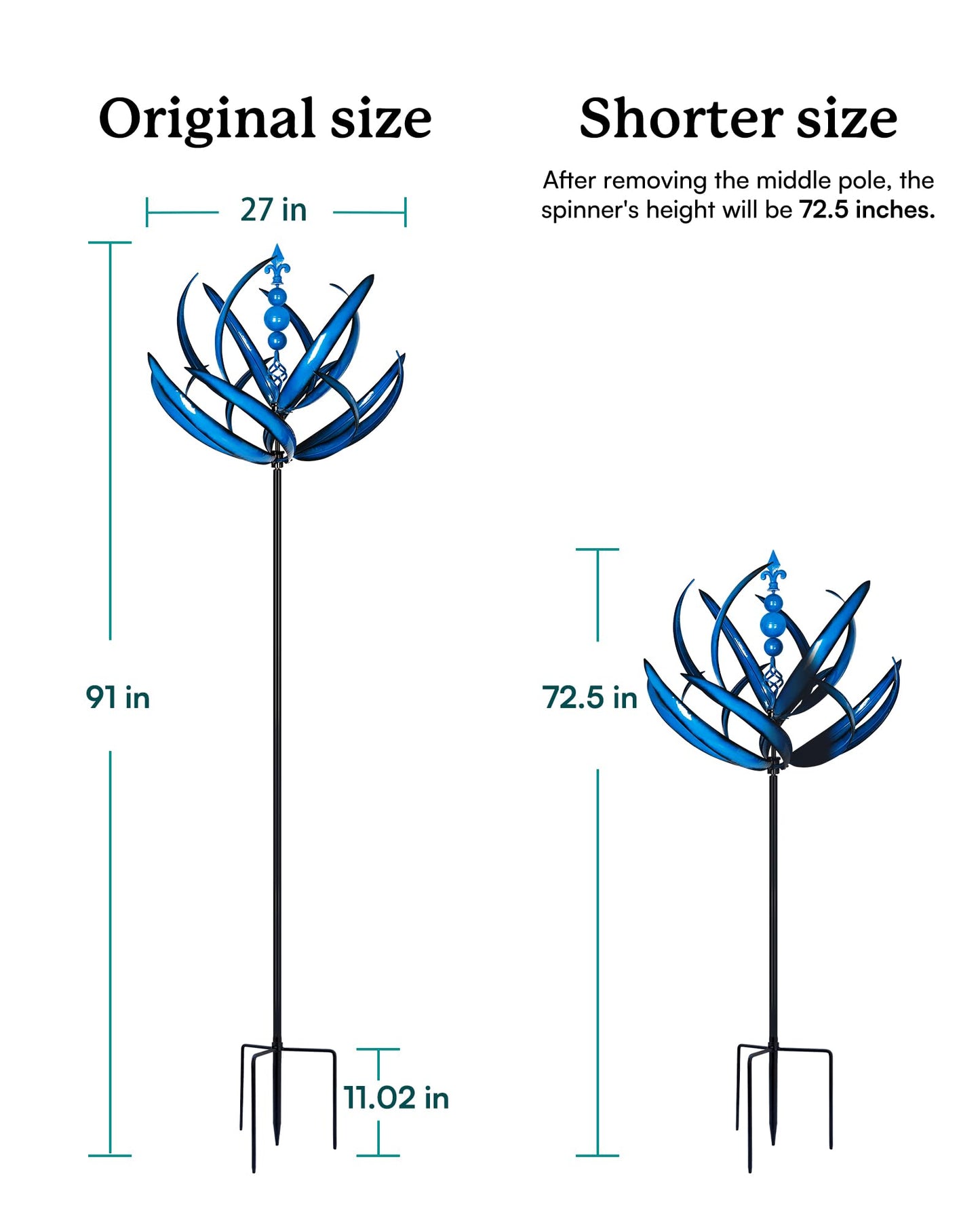 Cyan Oasis 91 inch Wind Spinners Outdoor - Extra Large Outdoor Metal Wind Sculptures Spinners with Stake, Windmills for The Yard Garden, Yard Art Garden Lawn Decor - Blue (27" W x 91" H)