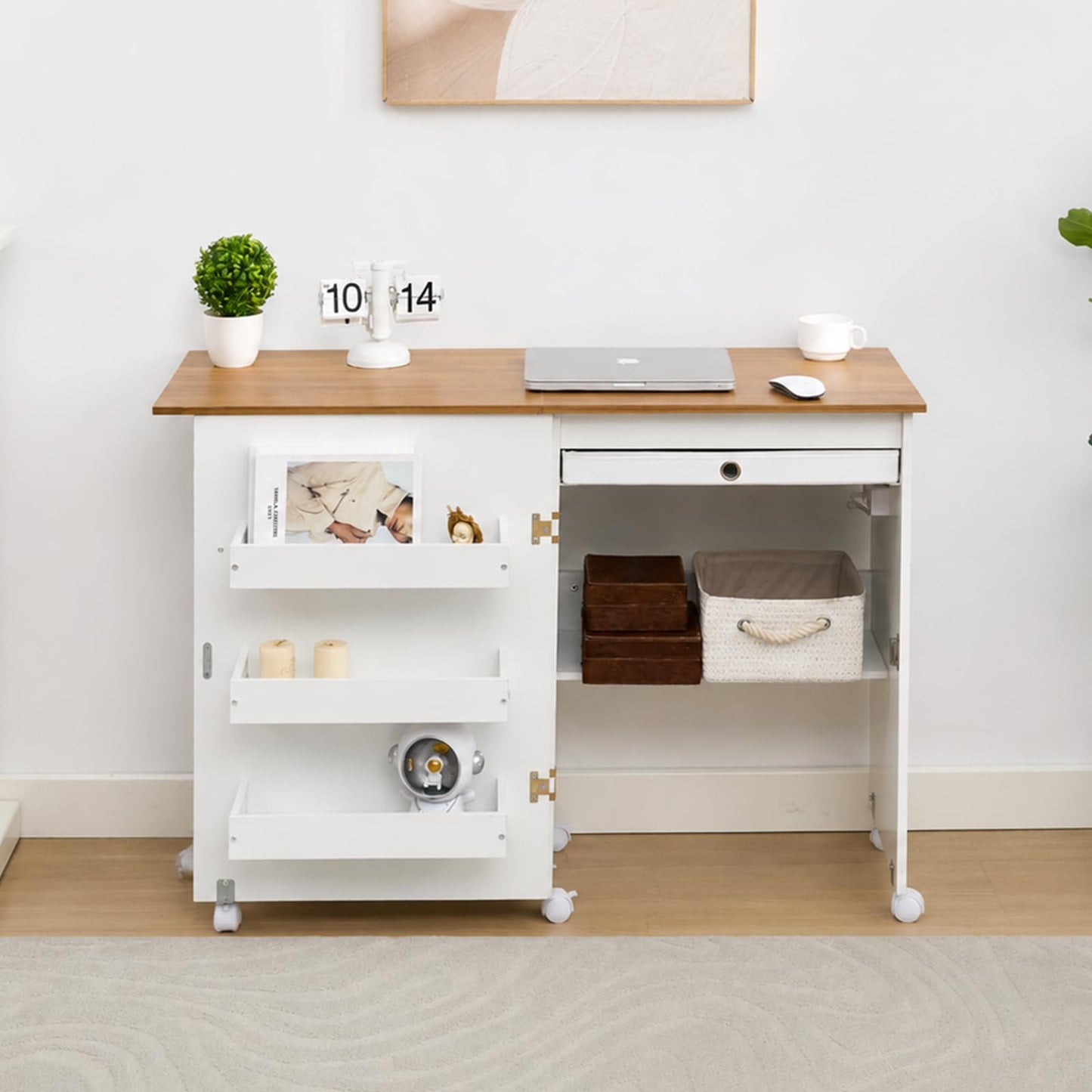 Folding Sewing Table with Charging Station, Rolling Sewing Machine Craft Table with Storage Trays and Shelf, Foldable Sewing Cabinet Desk with Lockable Wheels for Small Spaces (Natural Wood & White)