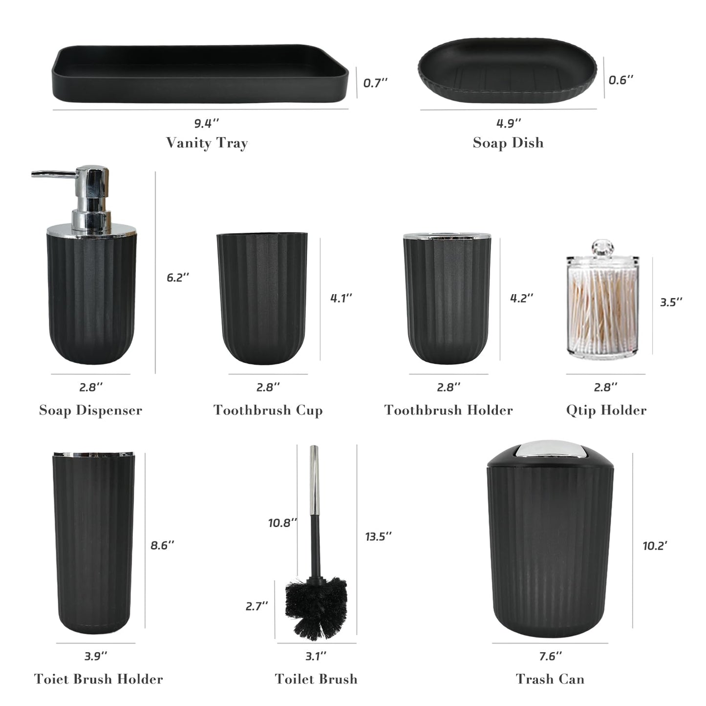 Black Bathroom Accessories Set, 9-Piece Bathroom Accessory Sets Complete with Trash Can, Shower Curtain, Vanity Tray, Soap Dispenser, Soap Dish, Toothbrush Holder, Toothbrush Cup and Toilet Brush