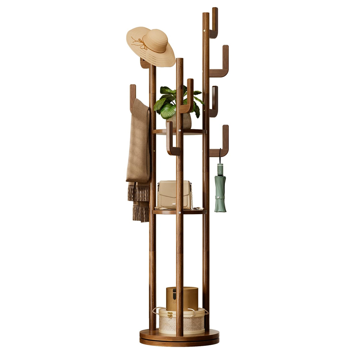 Yoobure Rotary Coat Rack Freestanding - Solid Wood Coat Tree with 9 hooks & 3 Storage Shelves for Purse, Bag, Jacket, Hat, Corner Hanger Stand Racks for Hall, Entryway, Office, Modern Clothes Holder