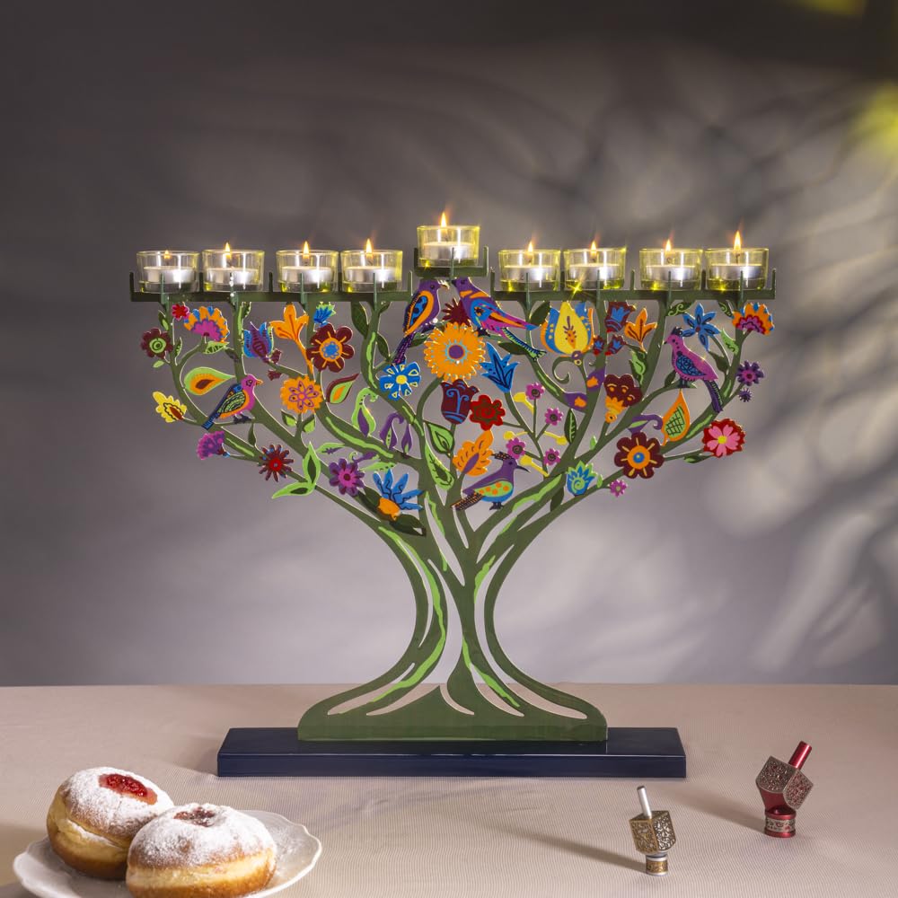 Yair Emanuel Tree of Life Large Hanukkah Menorah for Tea Light Candles - 19.7" - Laser Cut Metal with Hand-Painted Birds and Flowers Judaica Gift