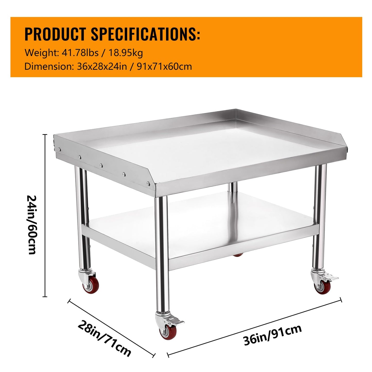 Stainless Steel Equipment Grill Stand Table (24" x 28" x 24") - Heavy Duty Commercial Kitchen Work Table - 1000 Lbs Top Shelf Capacity with 2" Edge Baffle - Adjustable Bottom Shelf & Legs