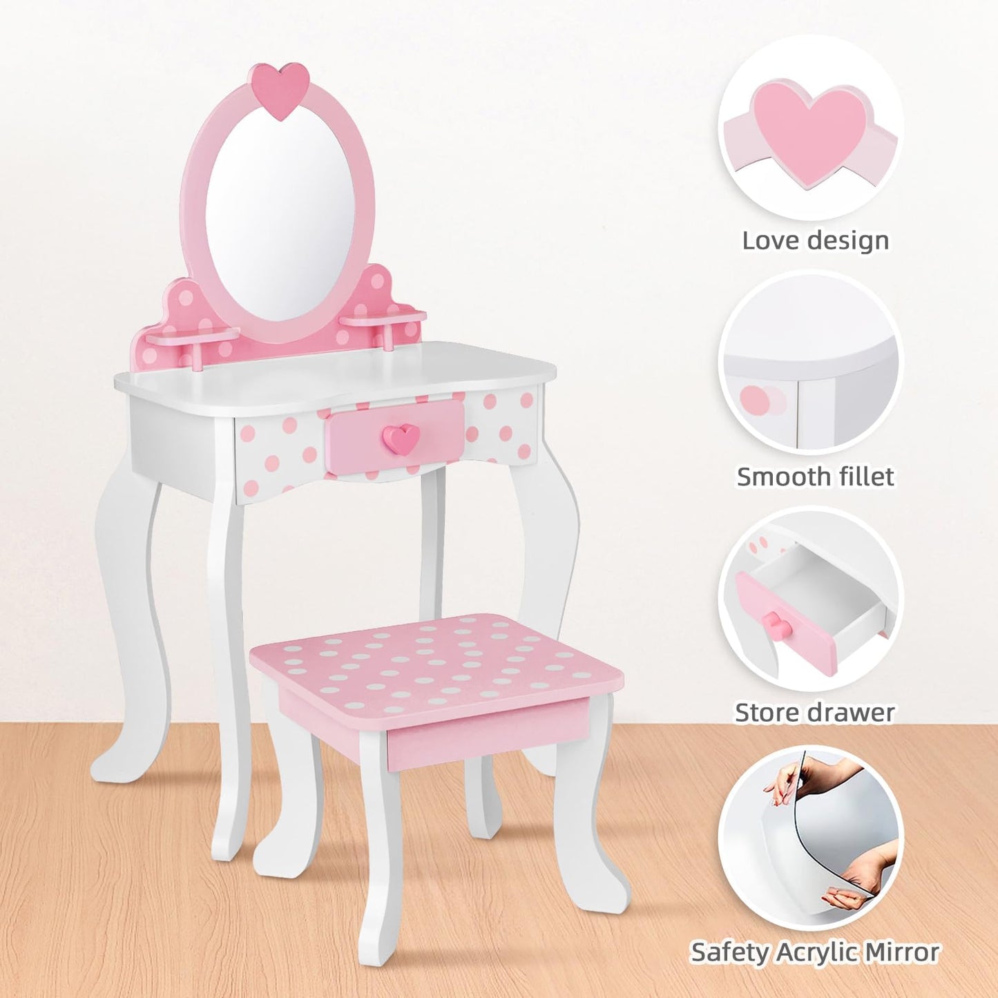 OOOK Kids Vanity Set,Table & Chair Vanity Set with Mirror(Includes 15 pcs Multiple Make up Accessories, Makeup Dressing Table with Storage Drawer, Pink