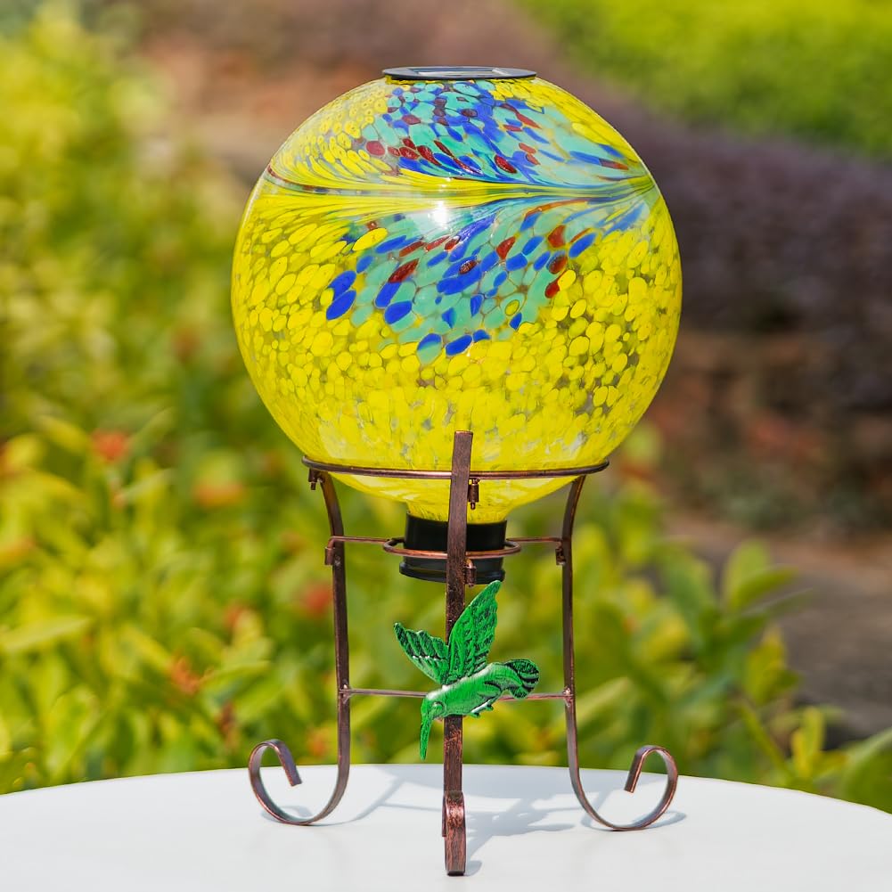 YELENEW 10" Diameter Solar Gazing Ball and 8.5" Metal Stand Indoor Outdoor Glass Globe Sphere Yard Art Ornament Solar Gazing Balls for Garden,Lawn,Porch,Patio Gardening Gift for Women(Yellow)