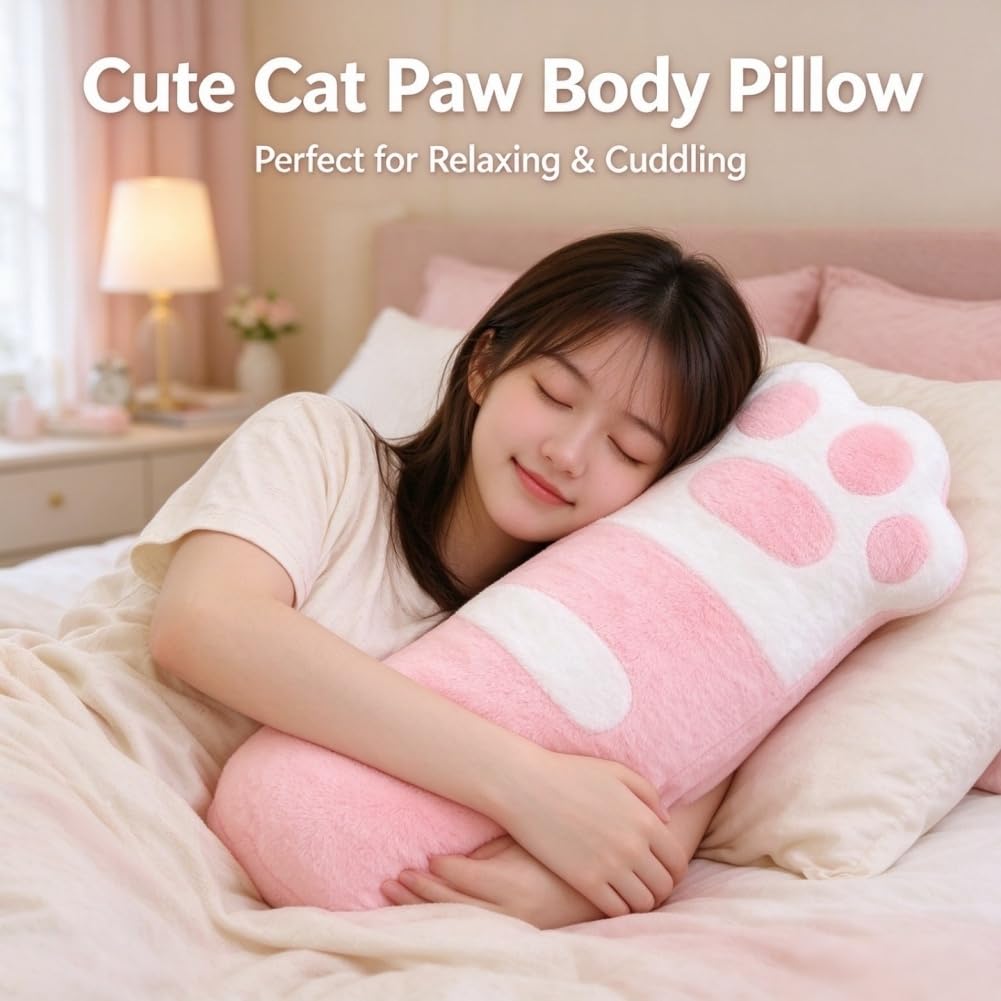 Cat Paw Plush Long Body Pillow, Soft Hugging Pillow 29.5in