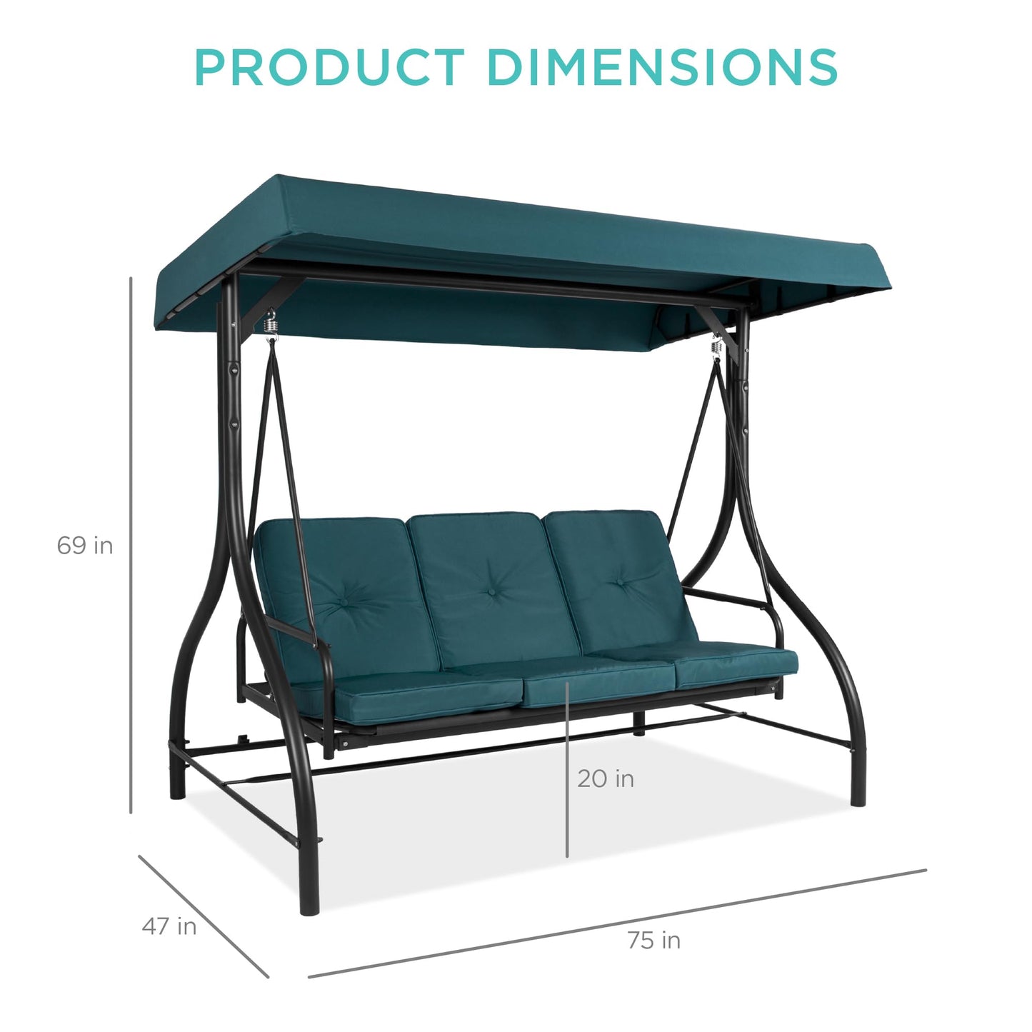 Best Choice Products 3-Seat Outdoor Large Converting Canopy Swing Glider, Patio Hammock Lounge Chair for Porch, Backyard w/Flatbed, Adjustable Shade, Removable Cushions - Peacock