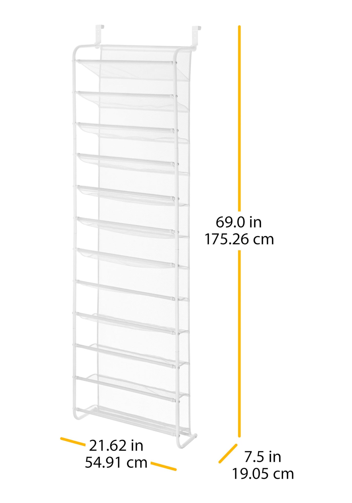 Whitmor 36 Pair Over The Door Shoe Organizer, 12 Tier Hanging Shoe Organizer, Heavy Duty Metal & Mesh Shoe Holder, Hanging Shoe Rack for Closet Organizer & Storage, 69"L x 21.7"W x 7.5"H, White