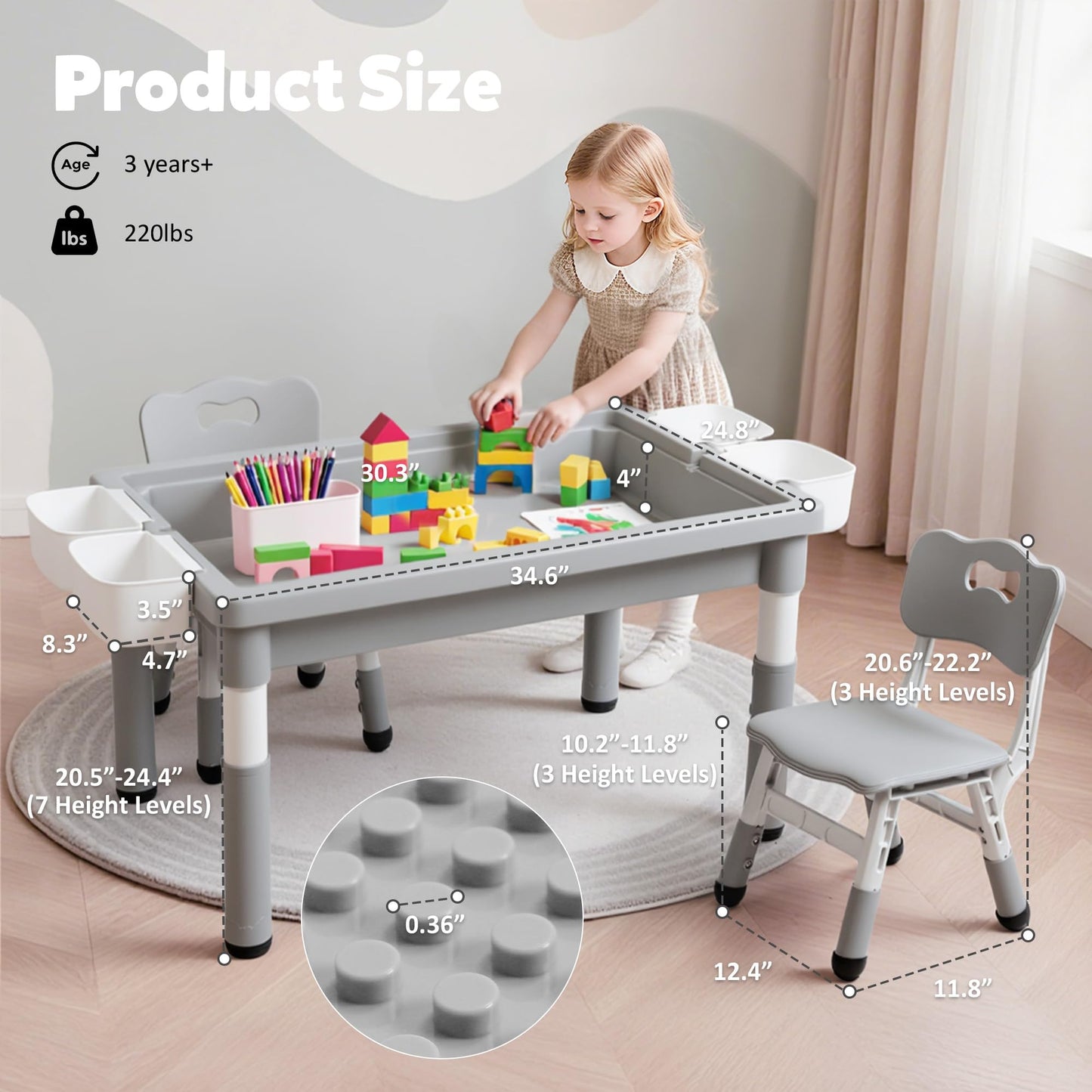 Kids Table and Chairs Set Large Storage, Height Adjustable Toddler Activity Table and 2 Chairs Set, 34.6x24.8" Graffiti/Block Building Desktop, 4 Side Boxes, Kids desk for Home, Preschool, Classroom