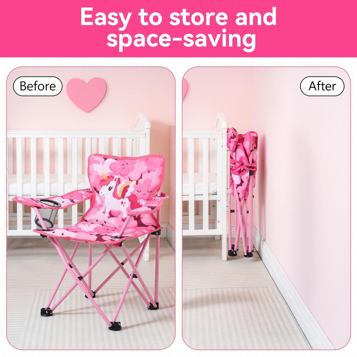 Huskfirm Padded Kids Camping Chair Folding Toddler Chair with Cup Holder & Safety Lock Portable Kids Beach Chair Ages 3-6 for Outdoor Camping Foldable Kids Chair Support 120lbs,Pink Unicorn