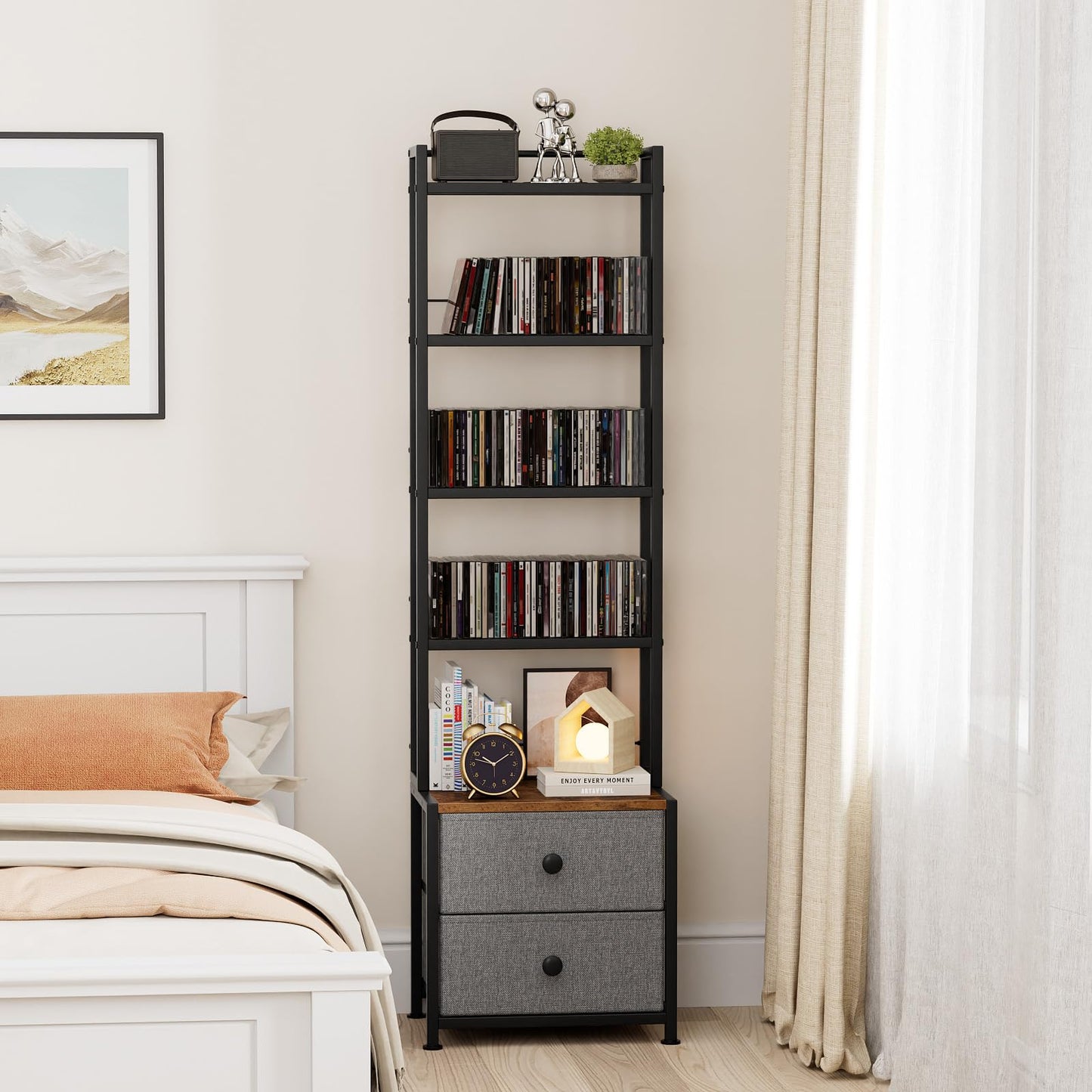 Epouseter CD Storage Rack with Drawer, 5-Tier Media Storage Shelf