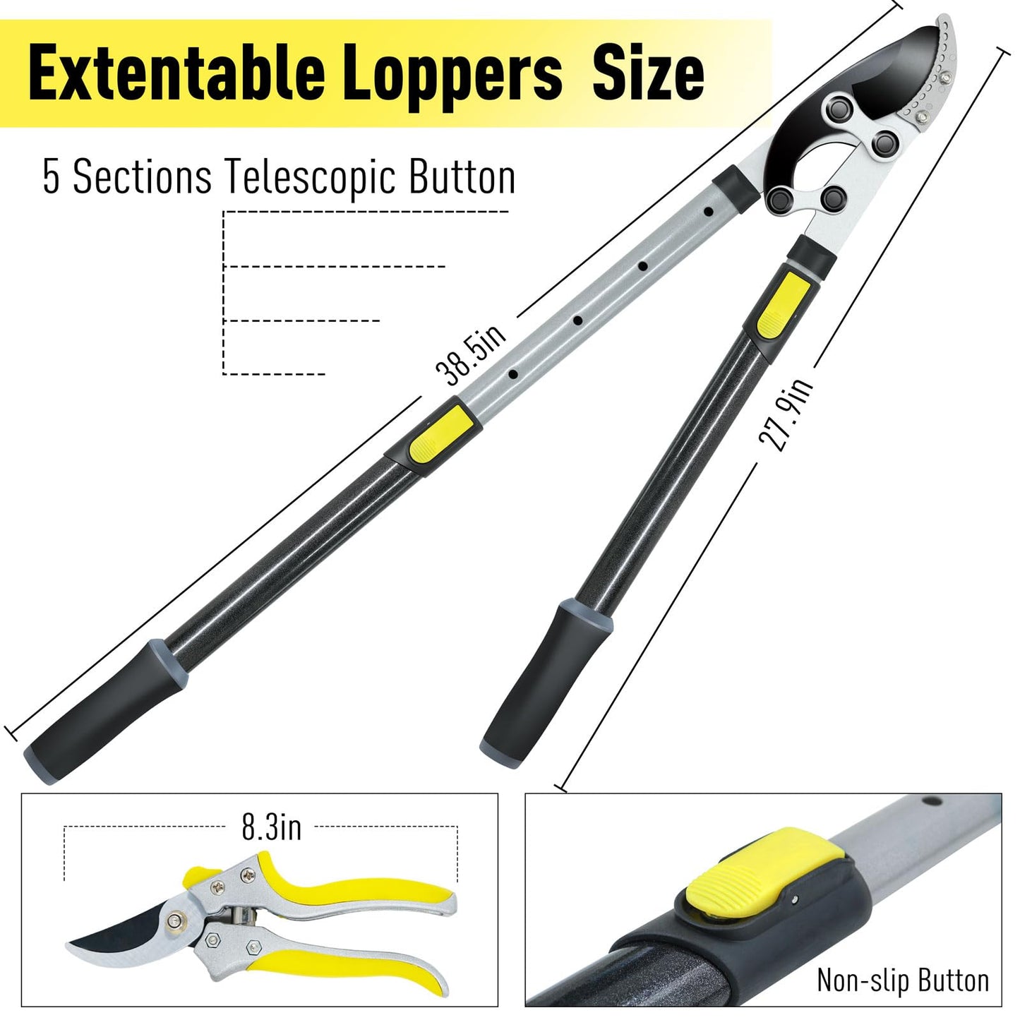Jardineer Loppers for Tree Trimming Heavy Duty with Compound Action, Labor-Saving Branch Cutter with 2 Inch Capacity, 5-Level Extendable 28-39 Inch Telescoping Handle Tree Trimmer for Yard Work
