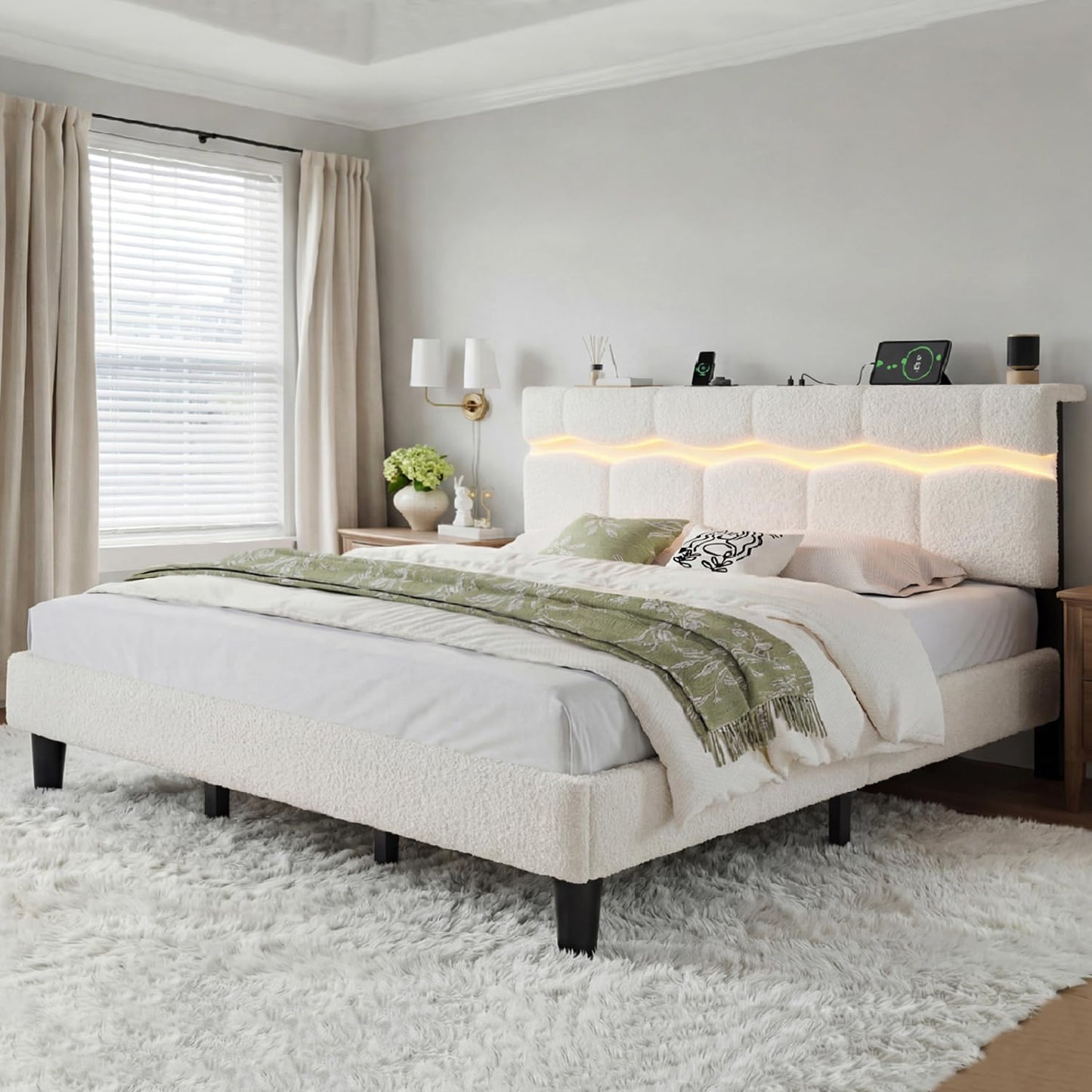 Homkdom King Size Bed Frame with Wave LED Light Strip, Platform Bed Frame with Charging Station & Headboard Storage, Teddy Fleece, No Box Spring Needed, Noise-Free, Beige