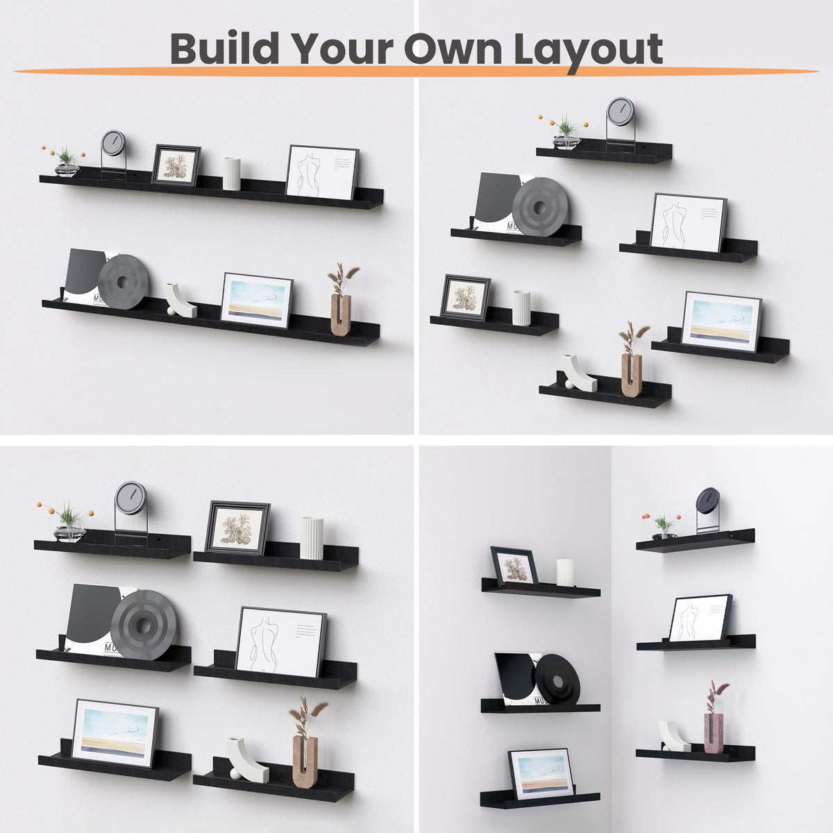 upsimples Floating Shelves for Wall Decor and Storage, Black, 6Pcs 15.7''