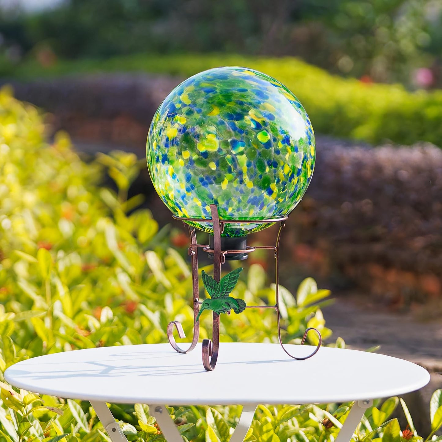 VEWOGIFT 10 Inch Glass Gazing Ball, with 9.4" Tall Metal Gazing Globe Stand, Glass Balls Display Holder Set for Outdoor Garden Lawn Yard Decoration, Bright Summer Burst
