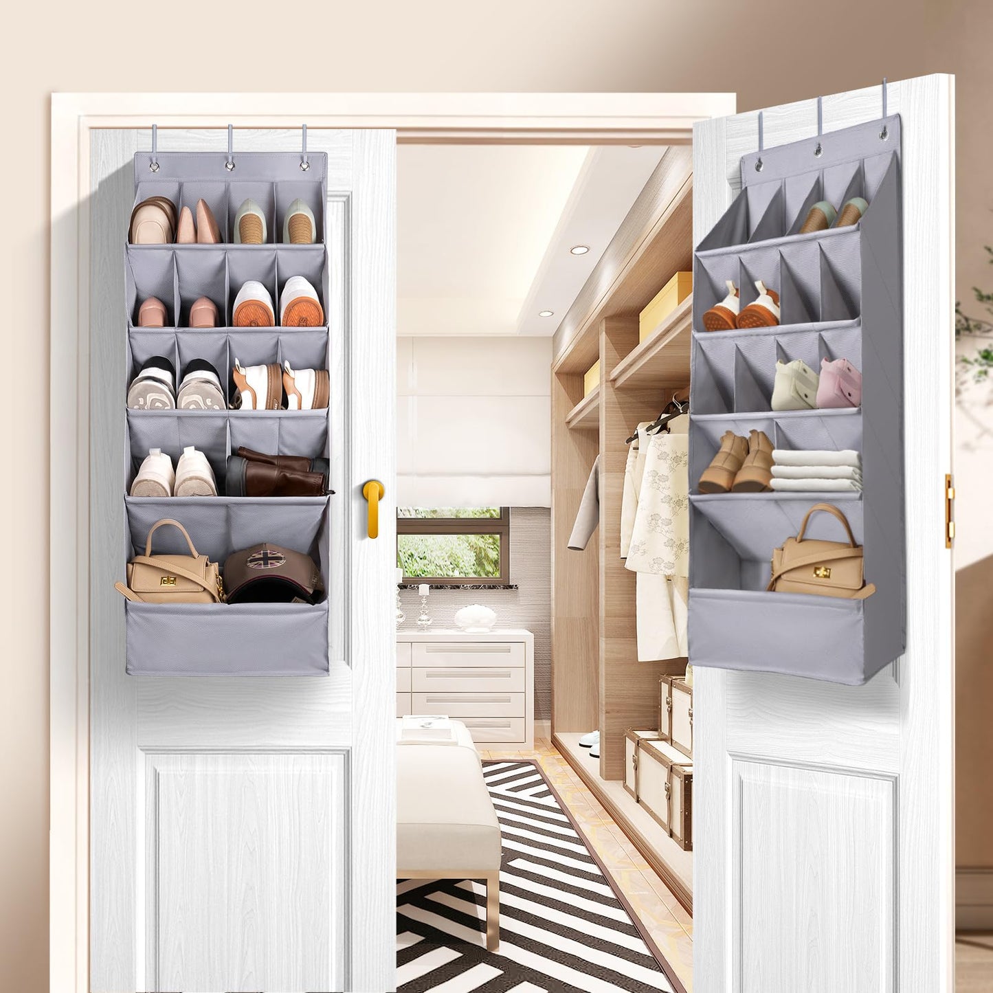 FENTEC 1 Pack Over-the-Door-Shoe-Organizers,Hanging Organizers with Large Pocket Shoe Holder Hanging Shoe Rack for Closet Shoe Organizer for Wall, Over Door Organizer with 15 Pockets Gray