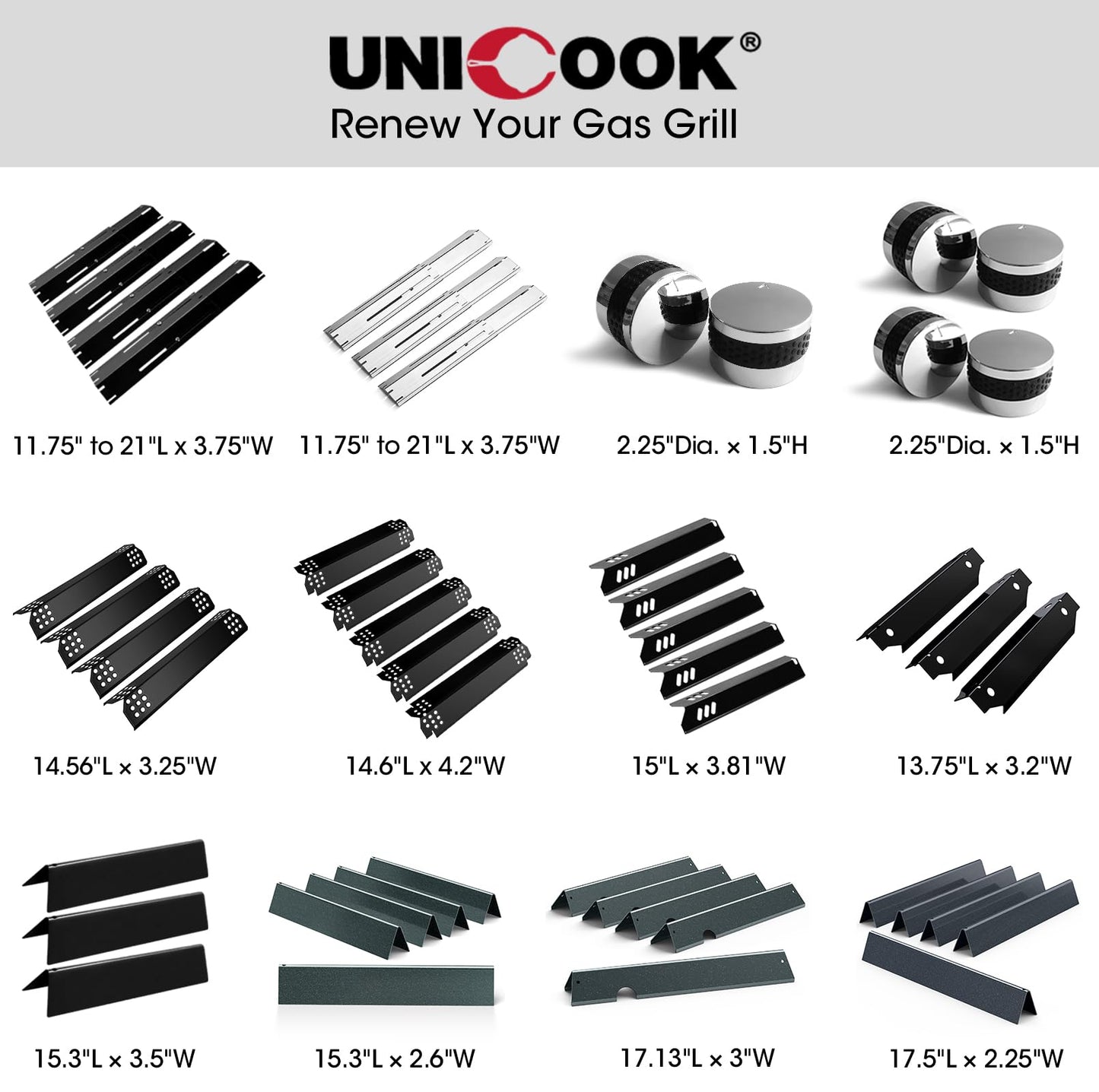 Unicook 4 Pack Heavy Duty Grill Heat Plate Replacement Parts, Adjustable Length from 11.75" to 21" with 3.75" W, Porcelain Steel Burner Cover, Heat Tent, Flavorizer Bar, Flame Tamer for Gas Grill