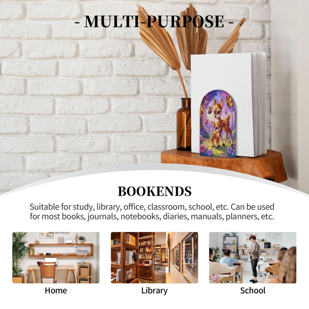(2 PCS/1 Pairs) Wood Bookends, Cartoon Deer Butterfly Forest Decorative Wood Bookends for Shelves Kids Room Desk Home Office Book Stoppers for Holiding Books 5x3 Inch