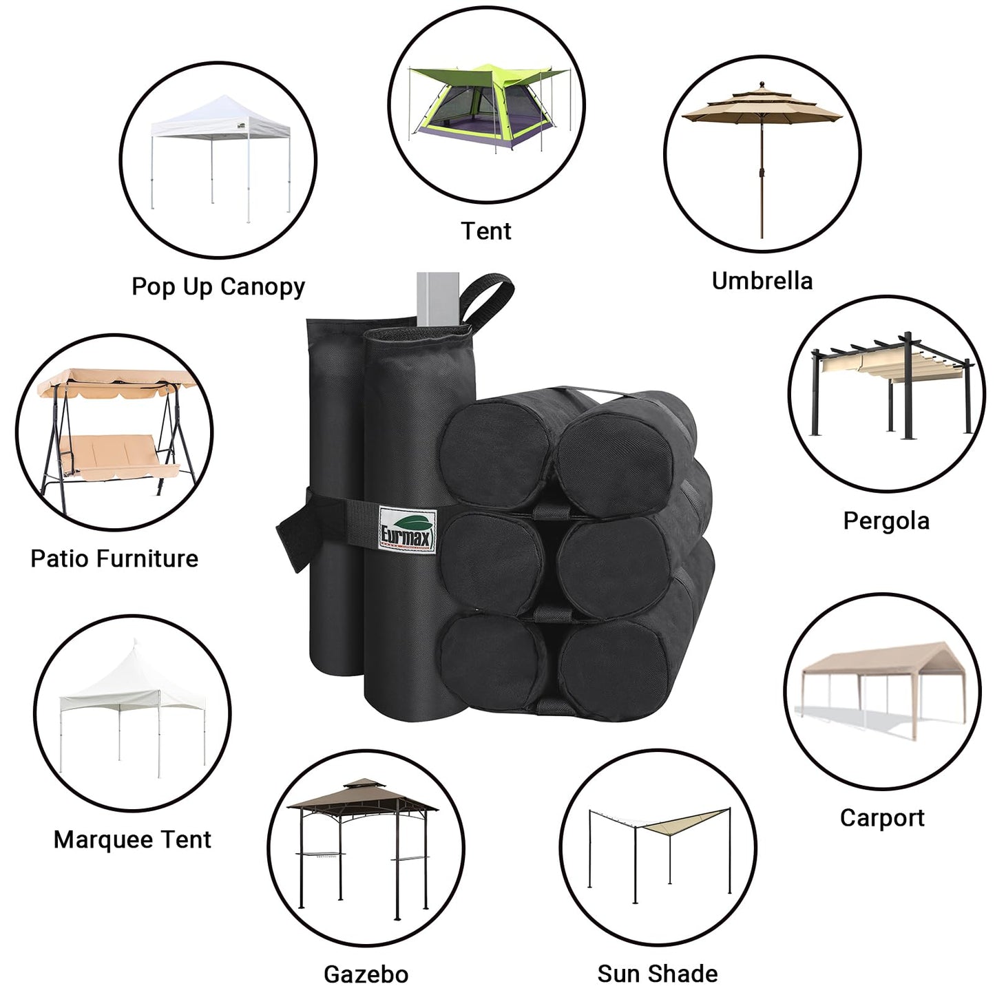Eurmax USA 4-Pack 150LBS Capacity Universal Canopy Weight Bags,Heavy Duty Windproof Sandbags with All-Around Wrap Design,Ultimate Stability for Pop Up Tent,Shelter in High Winds(Sand Not Included)