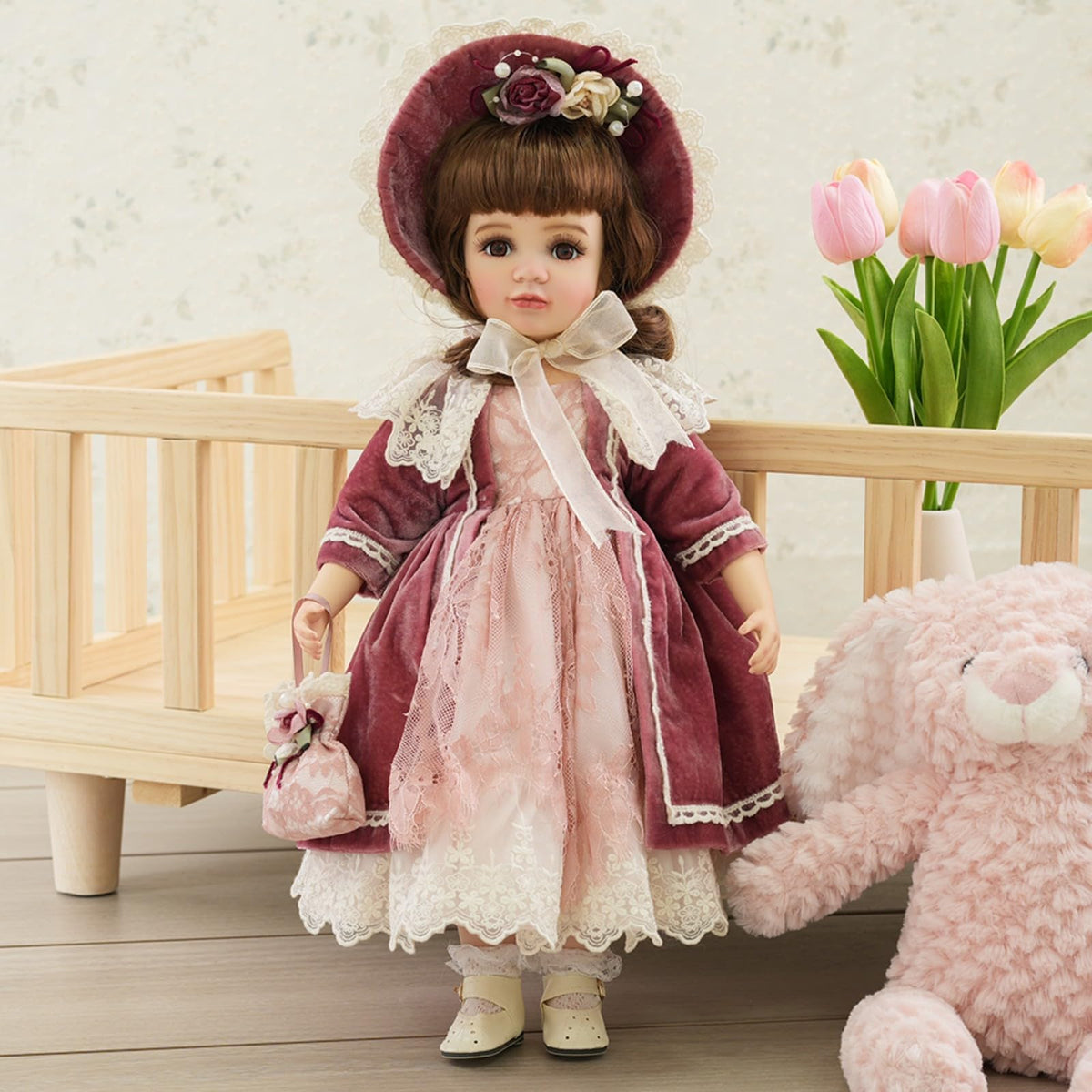 Cloveray 18 Inch Kawaii Porcelain & Fabric Doll Cute European Retro Handmade Ceramic Doll with Showing Stand for Room Decor, Birthday Gifts, Collectible ,Name Olivier (Red)