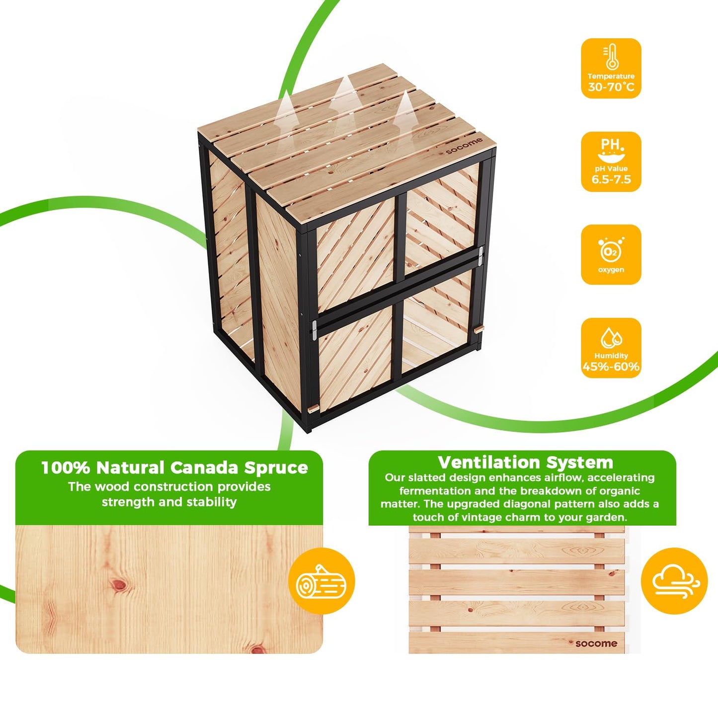 SOCOME 115 Gallon Solid Wood Composter, Outdoor Compost Bin with Pull-Out Door and Flip-Top Lid, Heavy Duty Composting Bin for Outside Backyard, Garden, Patio, Natural