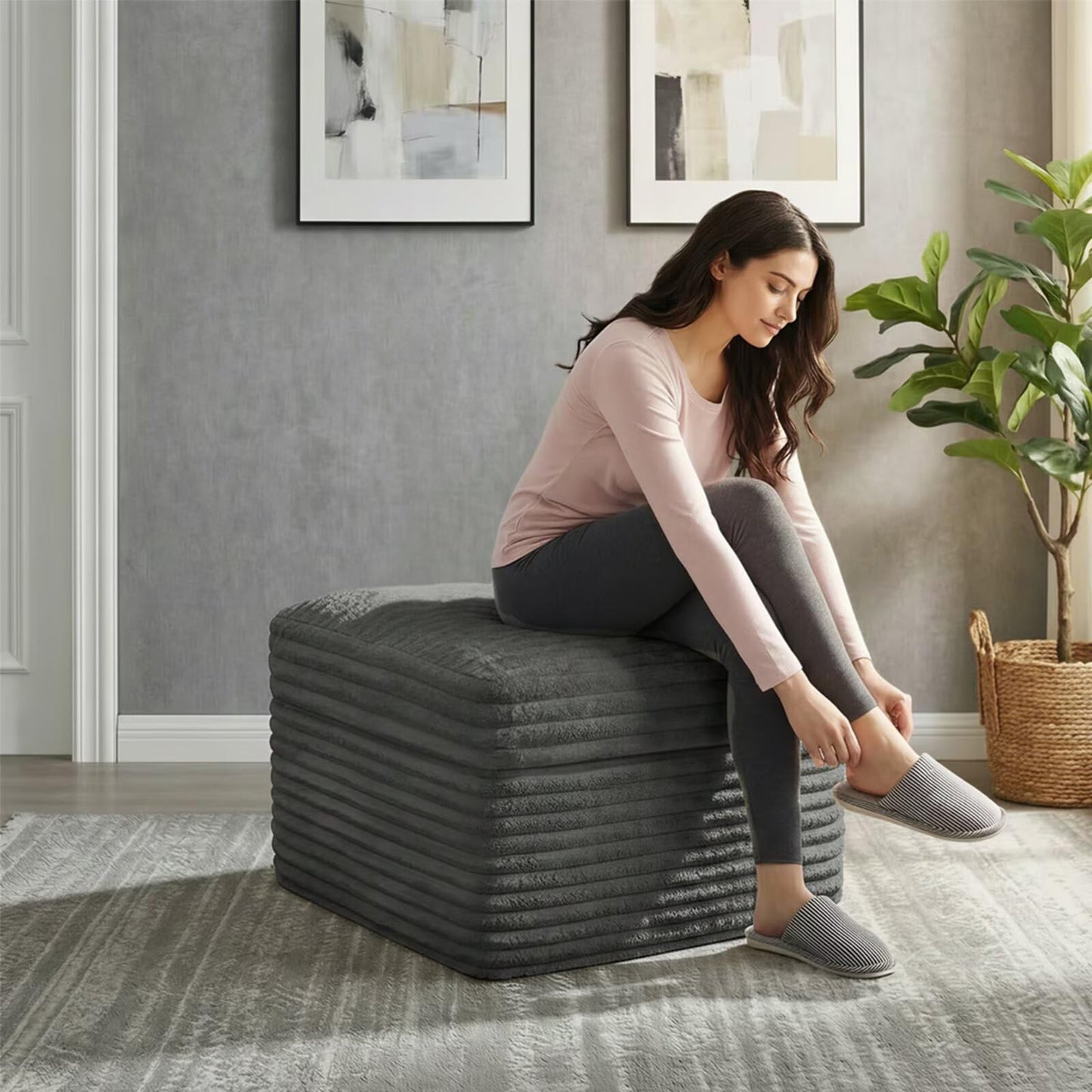 Fabulcozy 23.6in Pouf Ottoman, Corduroy Ottoman Foot Rest with Dual‑Layer Support, Large Poofy Pouf with Soft Chunk‑Foam Top & Firm Foam Base, Floor Foot Stool for Living Room, Dark Grey