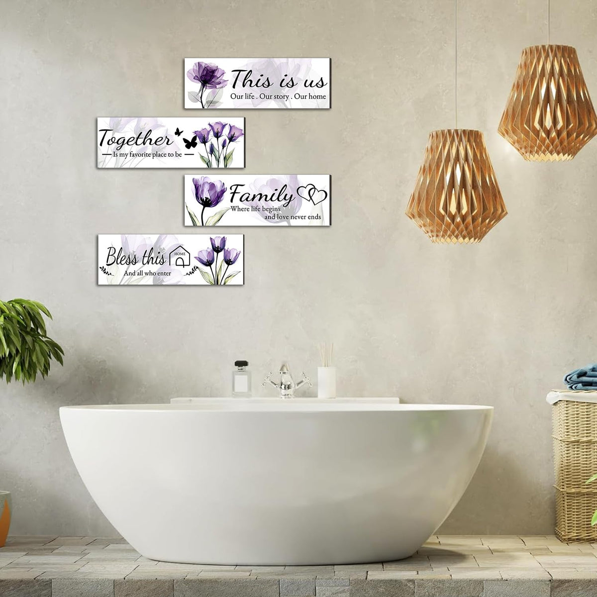 Rurpali 4 Pcs X-ray Purple Flowers Living Room Wall Decor, Motivational Family Wall Art for Living Room Bedroom, Rustic Wooden Farmhouse for Home Decor, 12 x 4 Inch