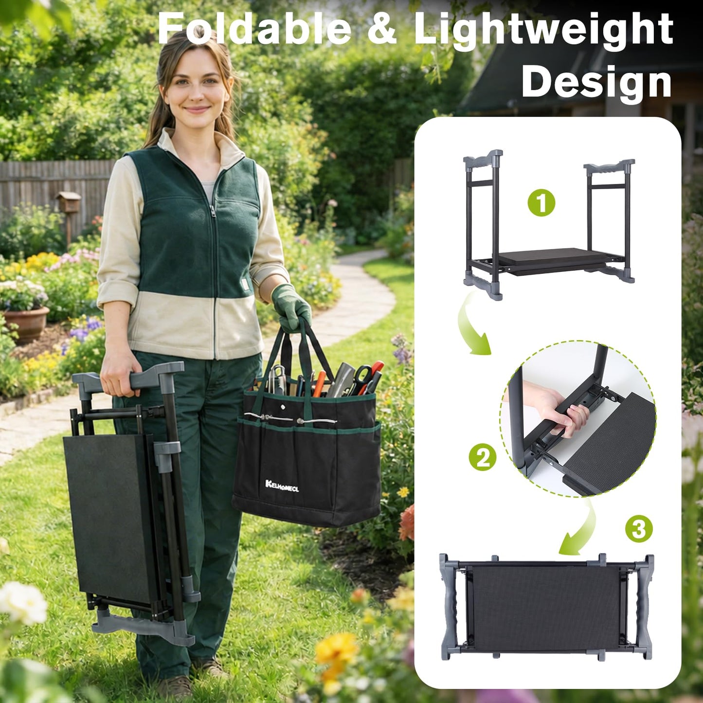 KELHOMECL Garden Kneeler and Seat with Umbrella, 2-in-1 Foldable Gardening Stool with Adjustable Bracket, Detachable Tool Bags, Heavy Duty Kneeling Pad for Gardening (Beige Green)