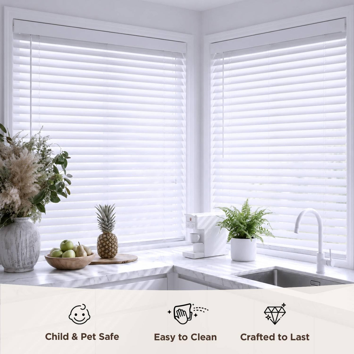 TEDNOVA 2" Cordless Faux Wood Blinds, White, 24"W X 78"H