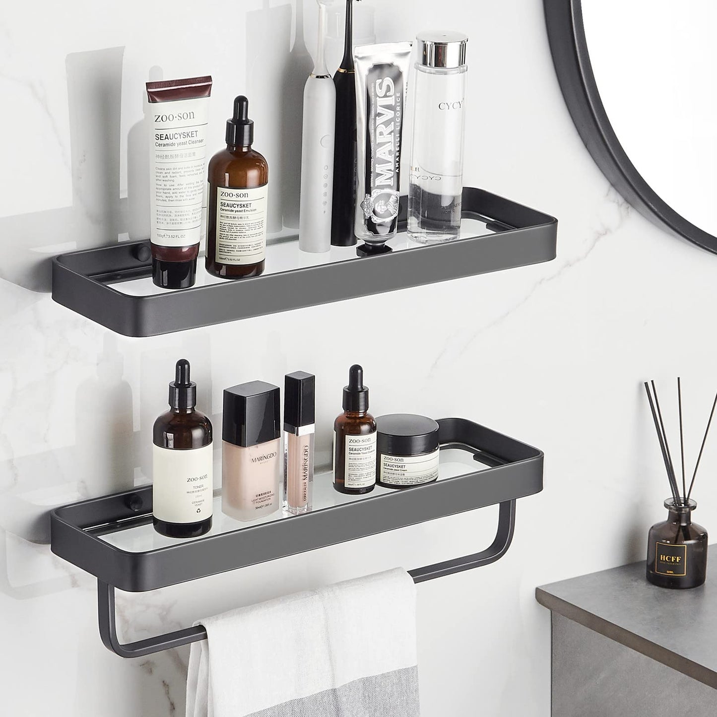 VOLPONE Bathroom Shelves Wall Mounted Glass Shelf for Floating Shelf Tempered Glass Shelves 2 Tier Bathroom Wall Organizer(Black)