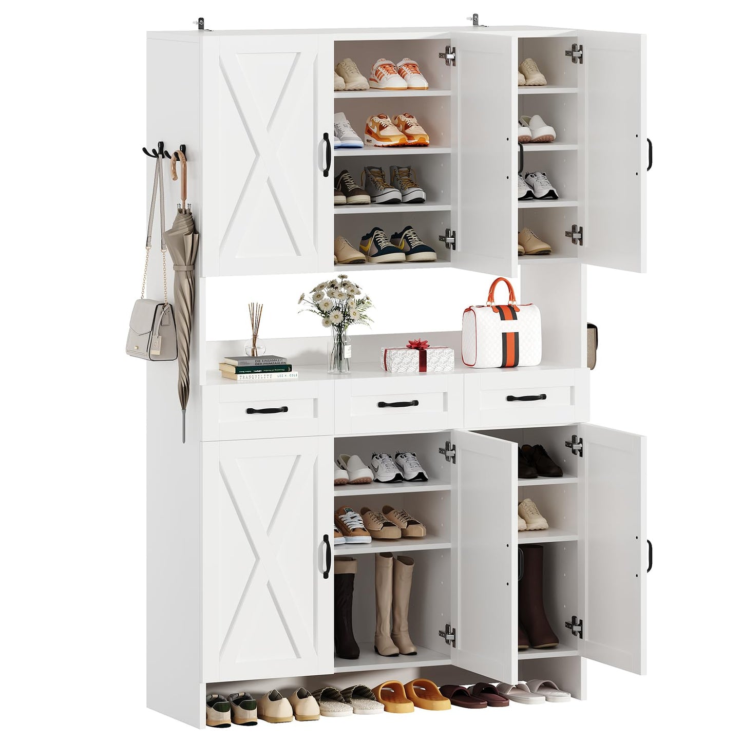 Tall Shoe Cabinet with 5 Tiers, 3 Drawers & 6 Barn Doors, Farmhouse Shoe Rack Organizer, Adjustable Shelves, Solid Wood Legs, White, for Entryway