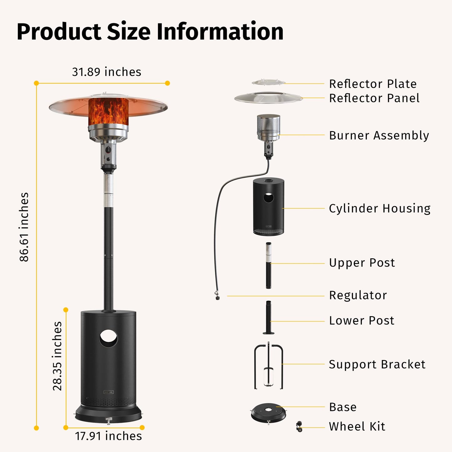 EAST OAK 50,000 BTU Patio Heater for Outdoor Use with Round Table Design, Double-Layer Stainless Steel Burner, Wheels, Triple Protection System, Outdoor Heater for Home and Residential, Black