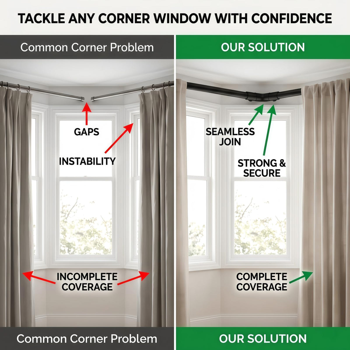 Heavy Duty Adjustable Corner Curtain Rod Connector, 2 Pack Black Metal Hinged Elbow Connector for 1 Inch Bay Window Curtain Rods & Blinds